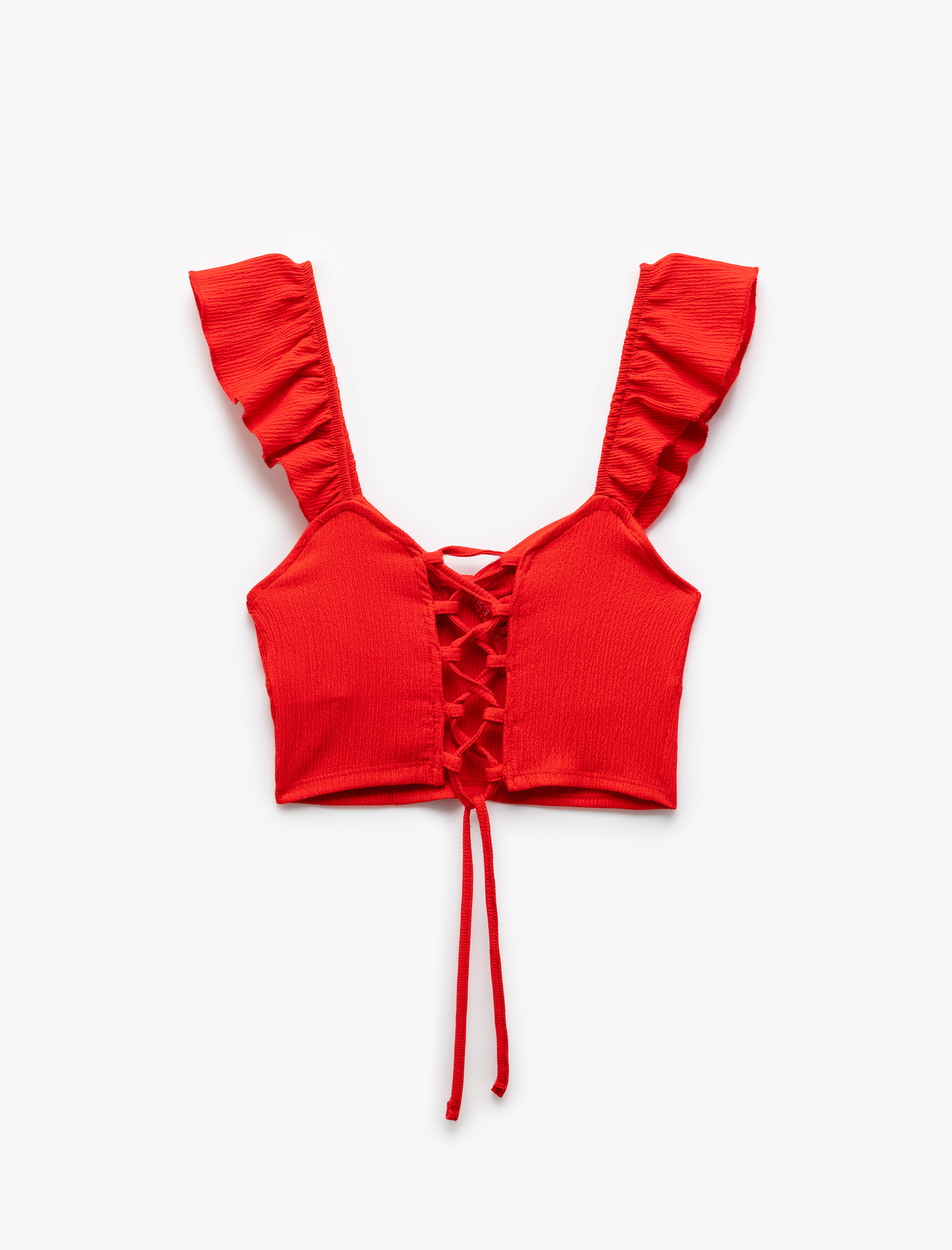   Fırfır Detaylı Kalp Yaka Kolsuz Sırtı Bağcıklı Crop Üst Bürümcük