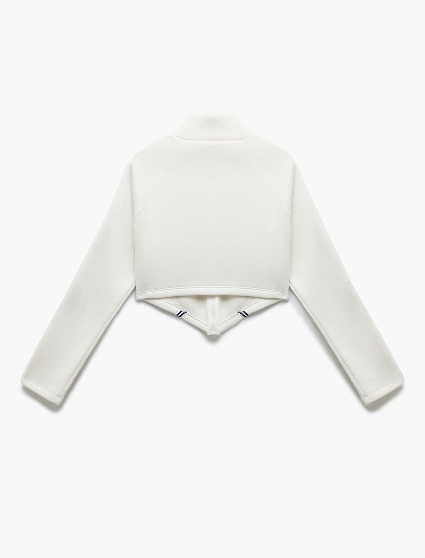   Şerit Detaylı Dik Yaka Üç İplik Şardonlu Fermuarlı Crop Sweatshirt