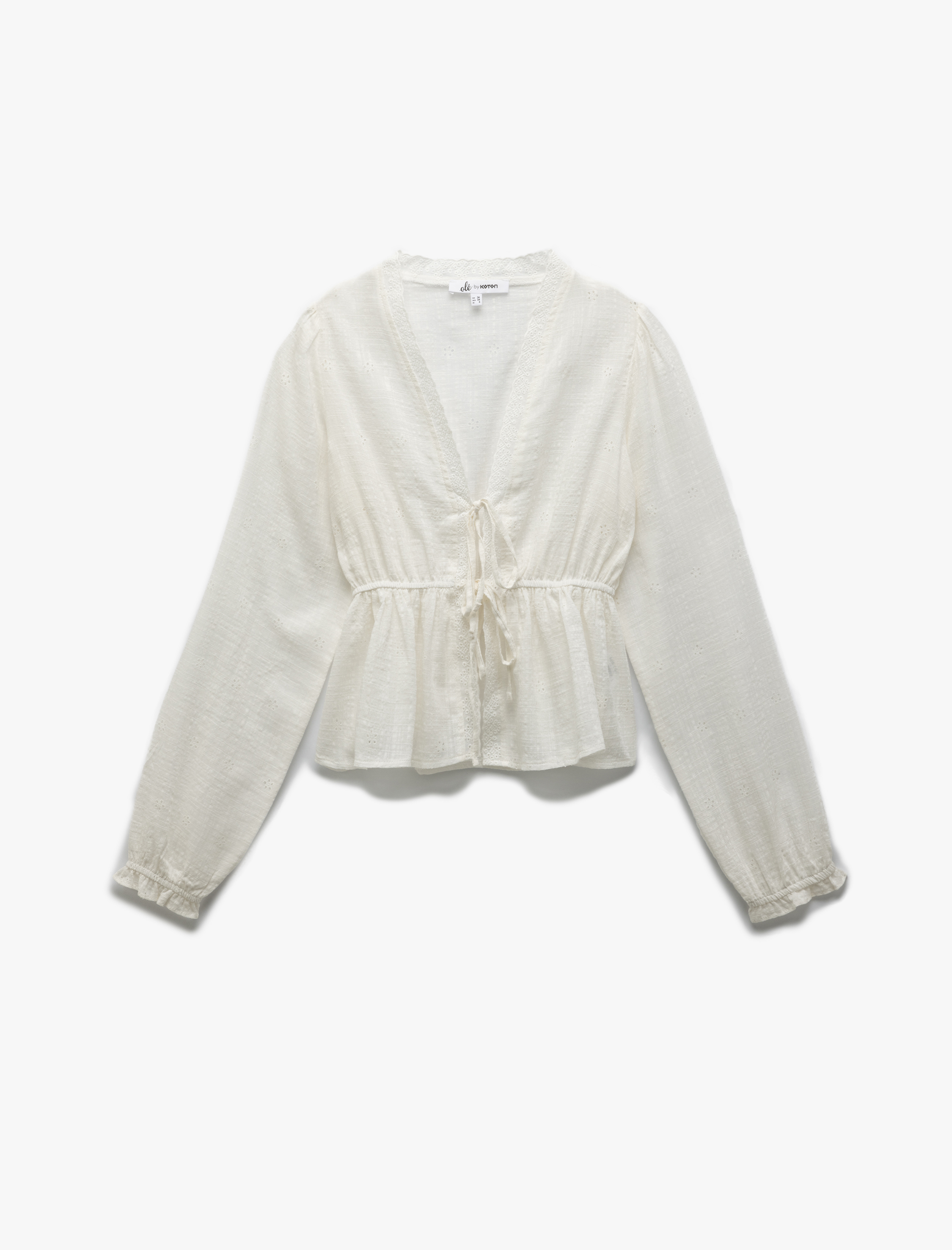   Brodeli V Yaka Bağcık Detaylı Uzun Kollu Viskon Karışımlı Bluz