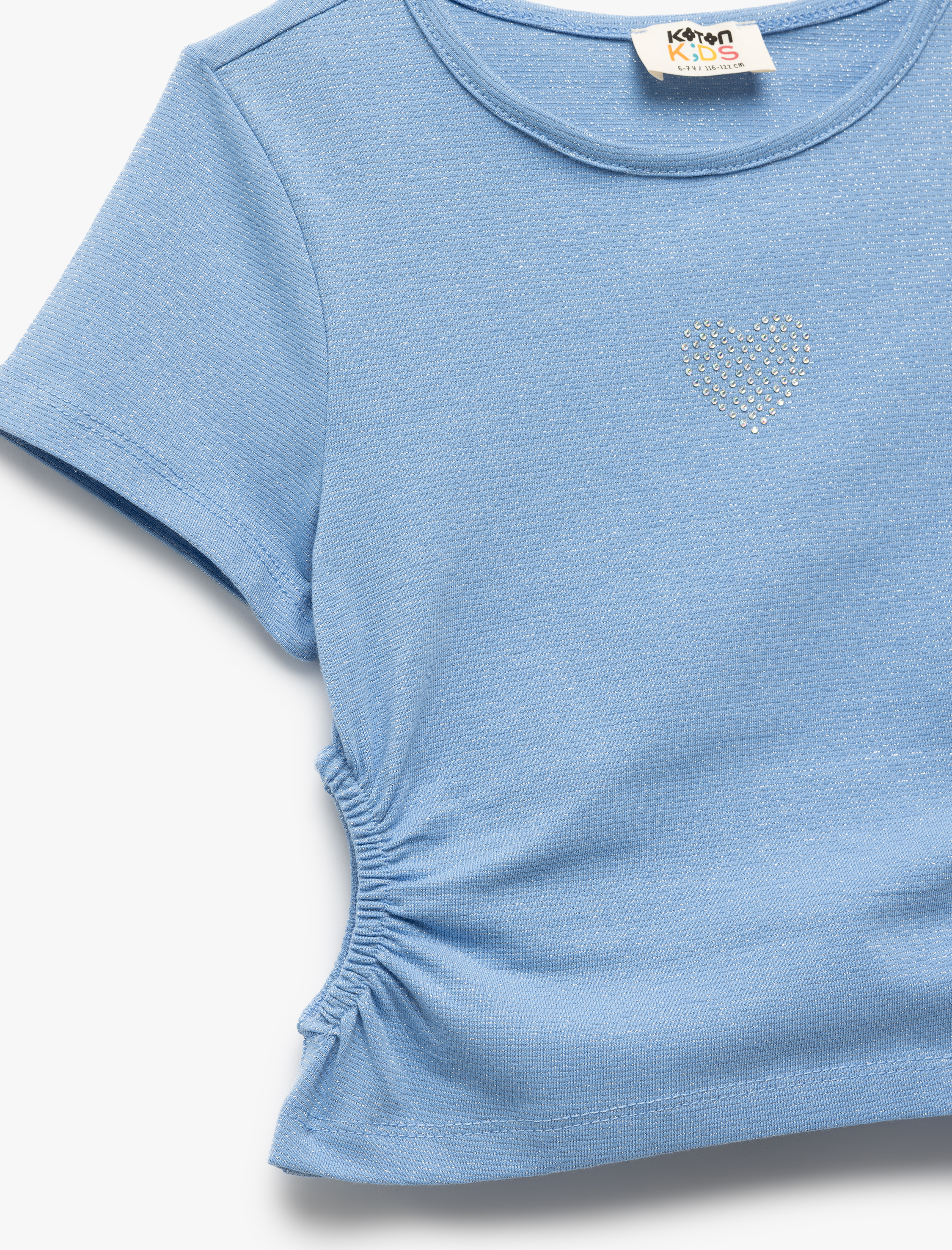  Kız Çocuk Pencere Detaylı Bisiklet Yaka Kısa Kollu Pamuklu Crop Bluz