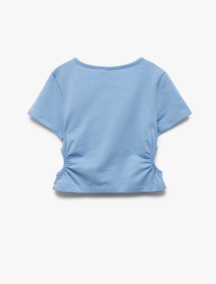 Kız Çocuk Pencere Detaylı Bisiklet Yaka Kısa Kollu Pamuklu Crop Bluz