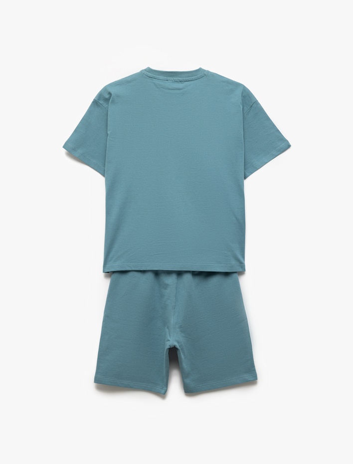 Erkek Çocuk Pamuklu Bisiklet Yaka Kısa Kollu İşlemeli Üst Beli Bağcıklı Şortlu İkili Set