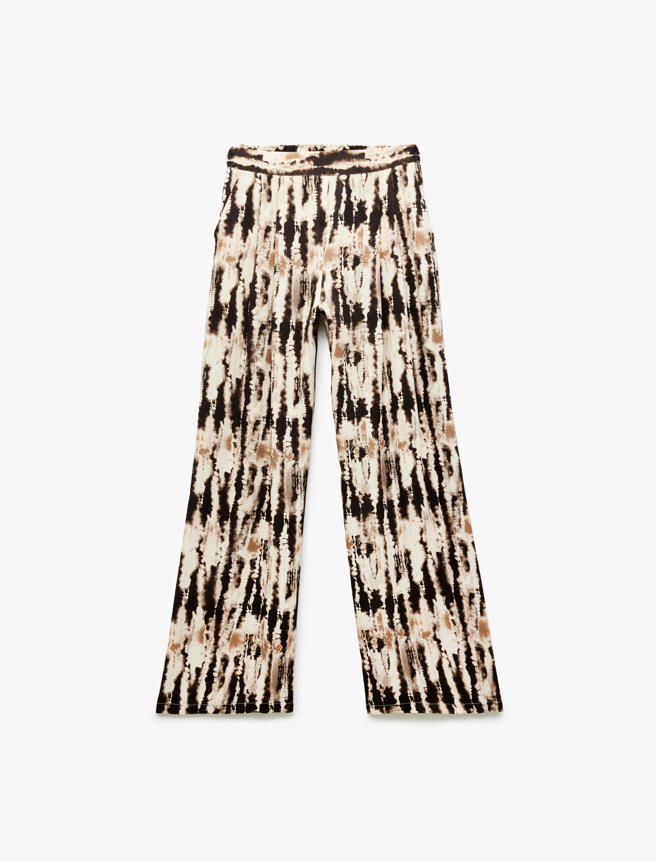   Rahat Kalıp Batik Desenli Cepli Yüksek Bel Palazzo Saten Pantolon