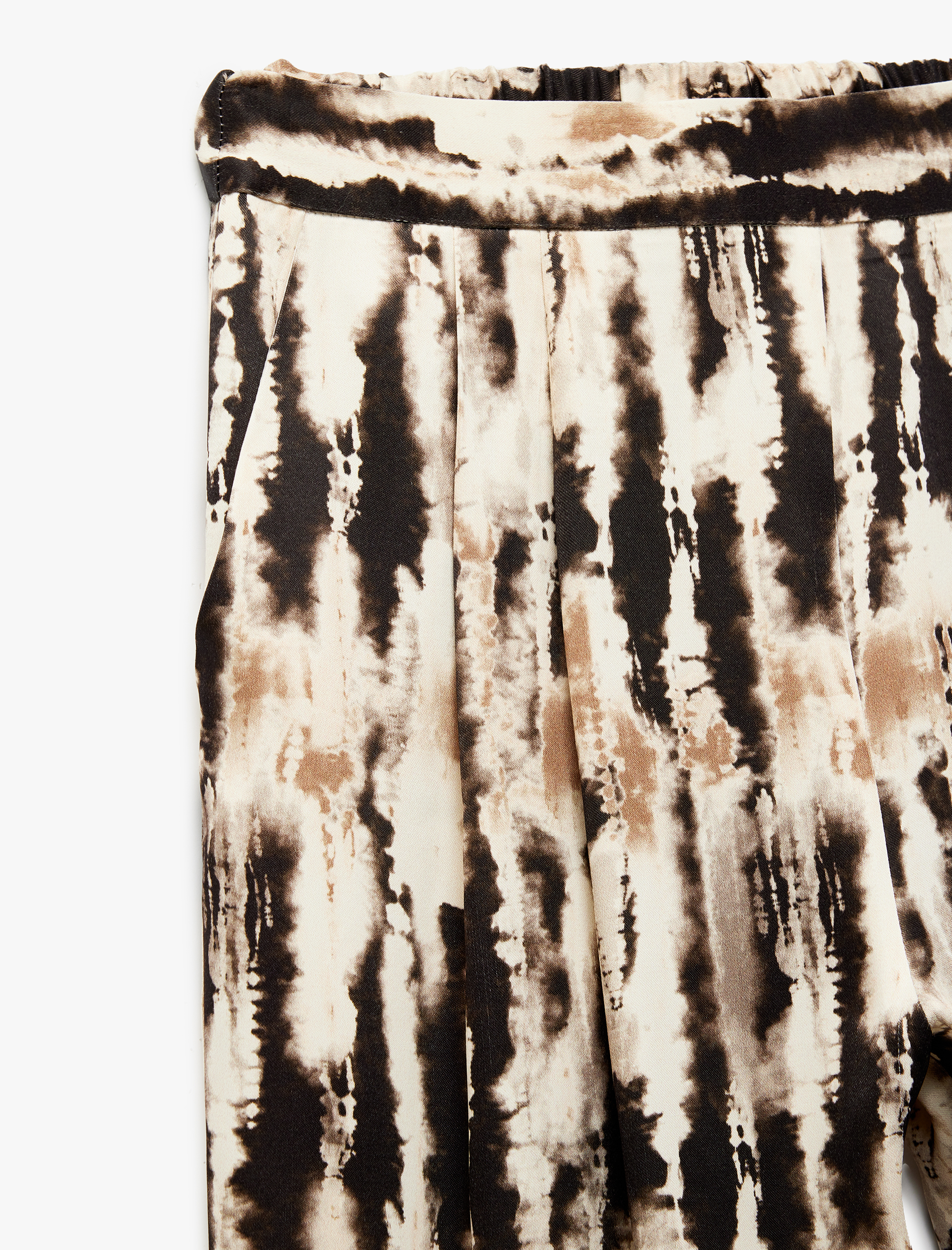   Rahat Kalıp Batik Desenli Cepli Yüksek Bel Palazzo Saten Pantolon