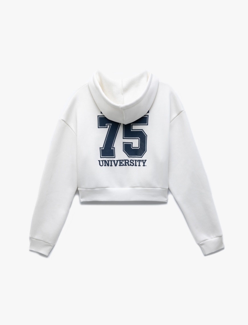   Yale Lisanslı Baskılı Fermuarlı Cepli Şardonlu Kapüşonlu Crop Sweatshirt