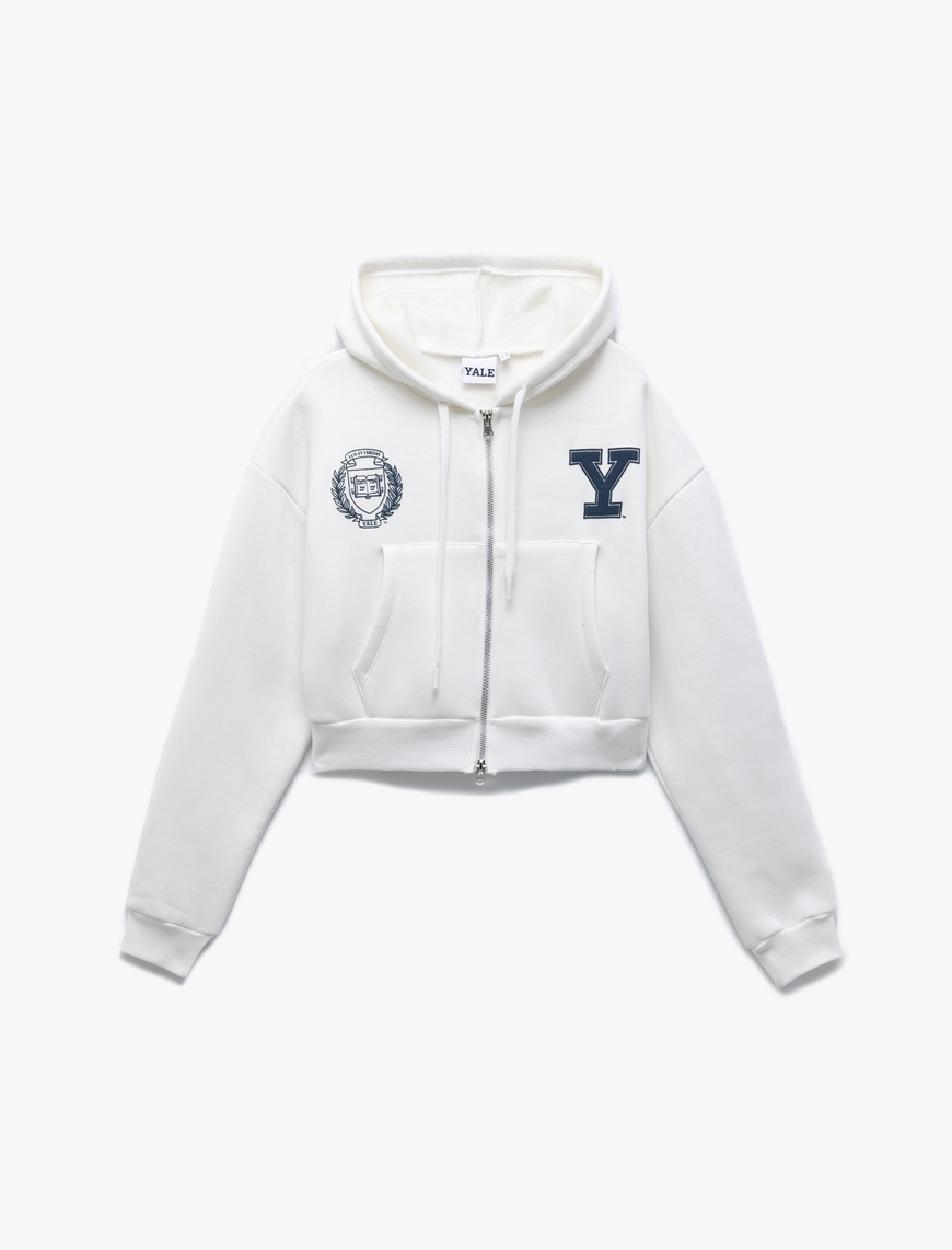   Yale Lisanslı Baskılı Fermuarlı Cepli Şardonlu Kapüşonlu Crop Sweatshirt