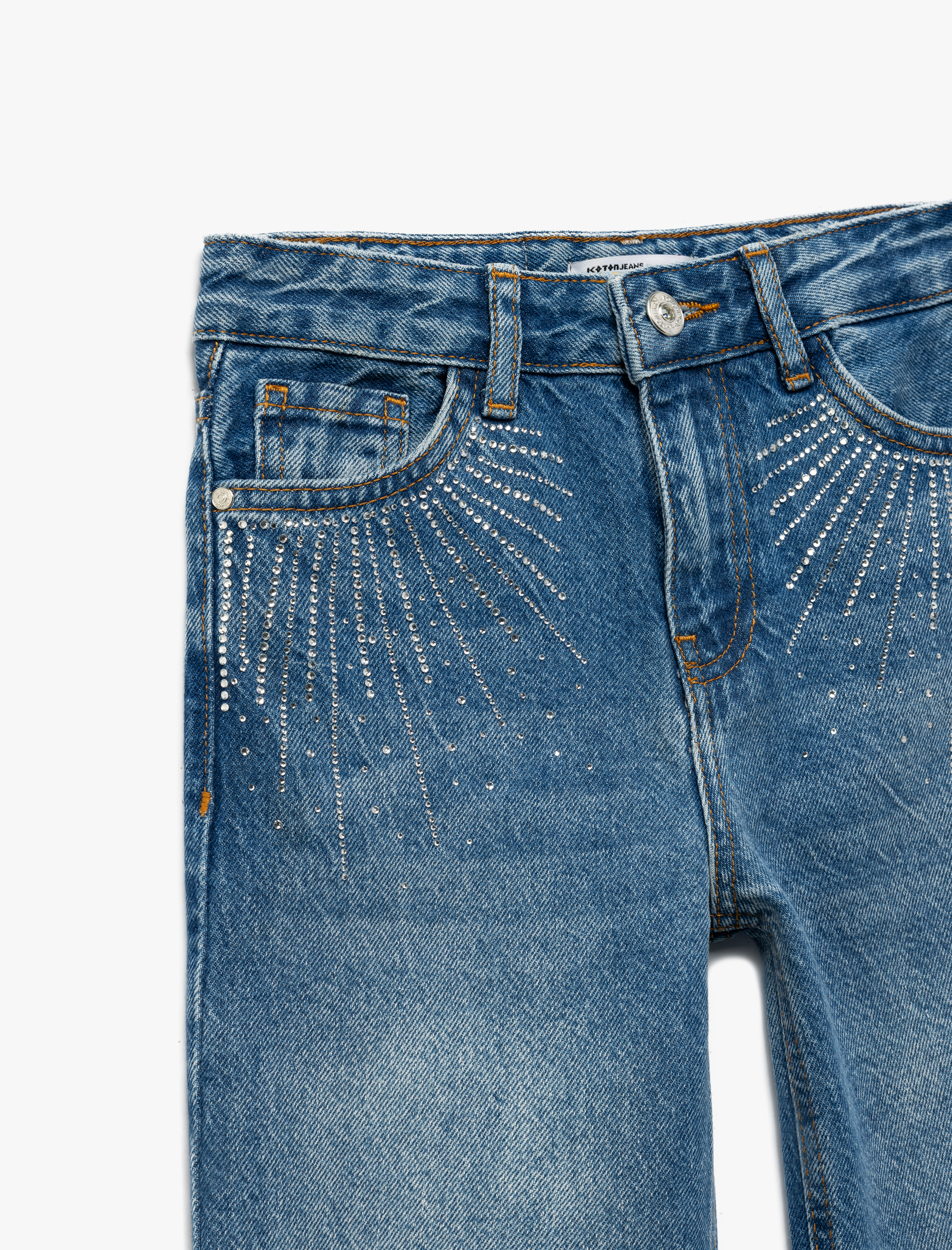 Kız Çocuk Pamuklu Taşlı Geniş Paça Jean Pantolon