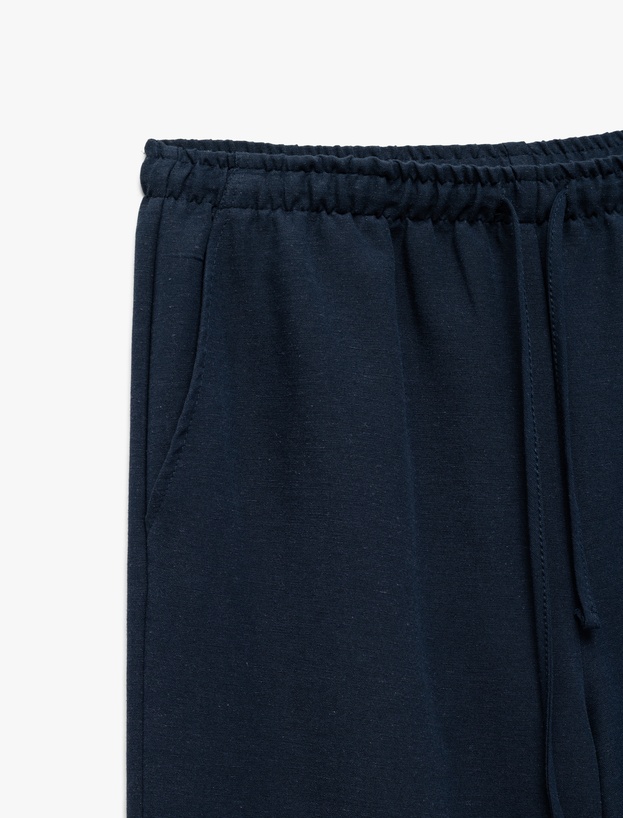 Yüksek Bel Bağcıklı Keten Karışımlı Cep Detaylı Pantolon_4