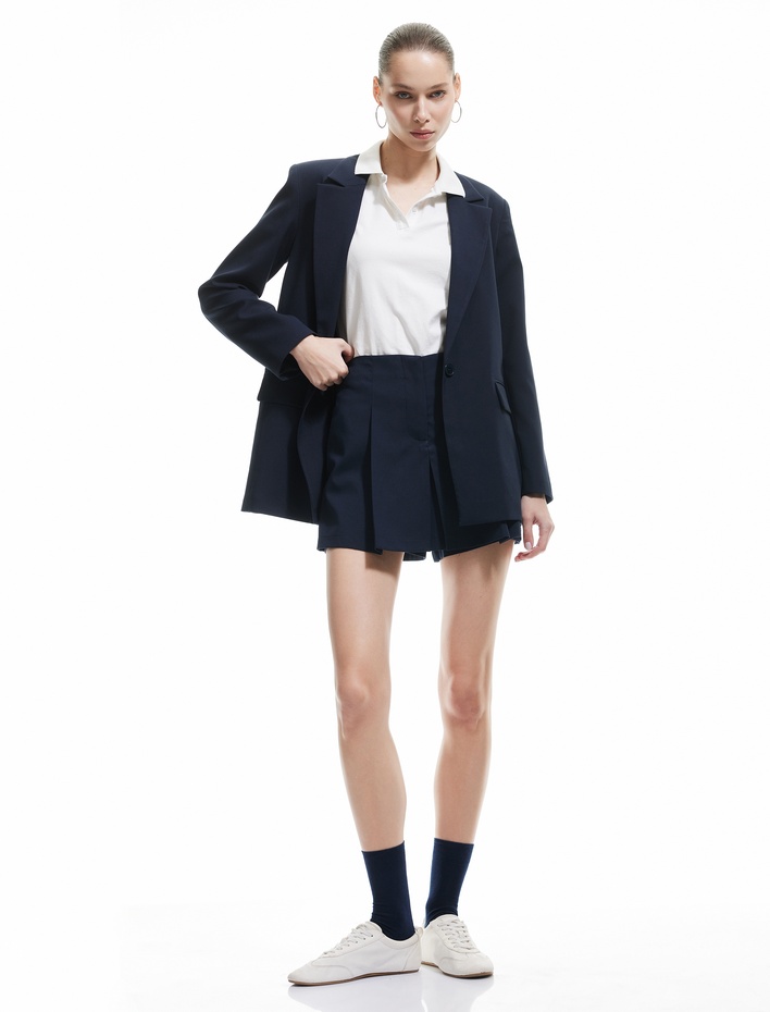  Dar Kesim Pileli Viskon Karışımlı Mini Şort Etek