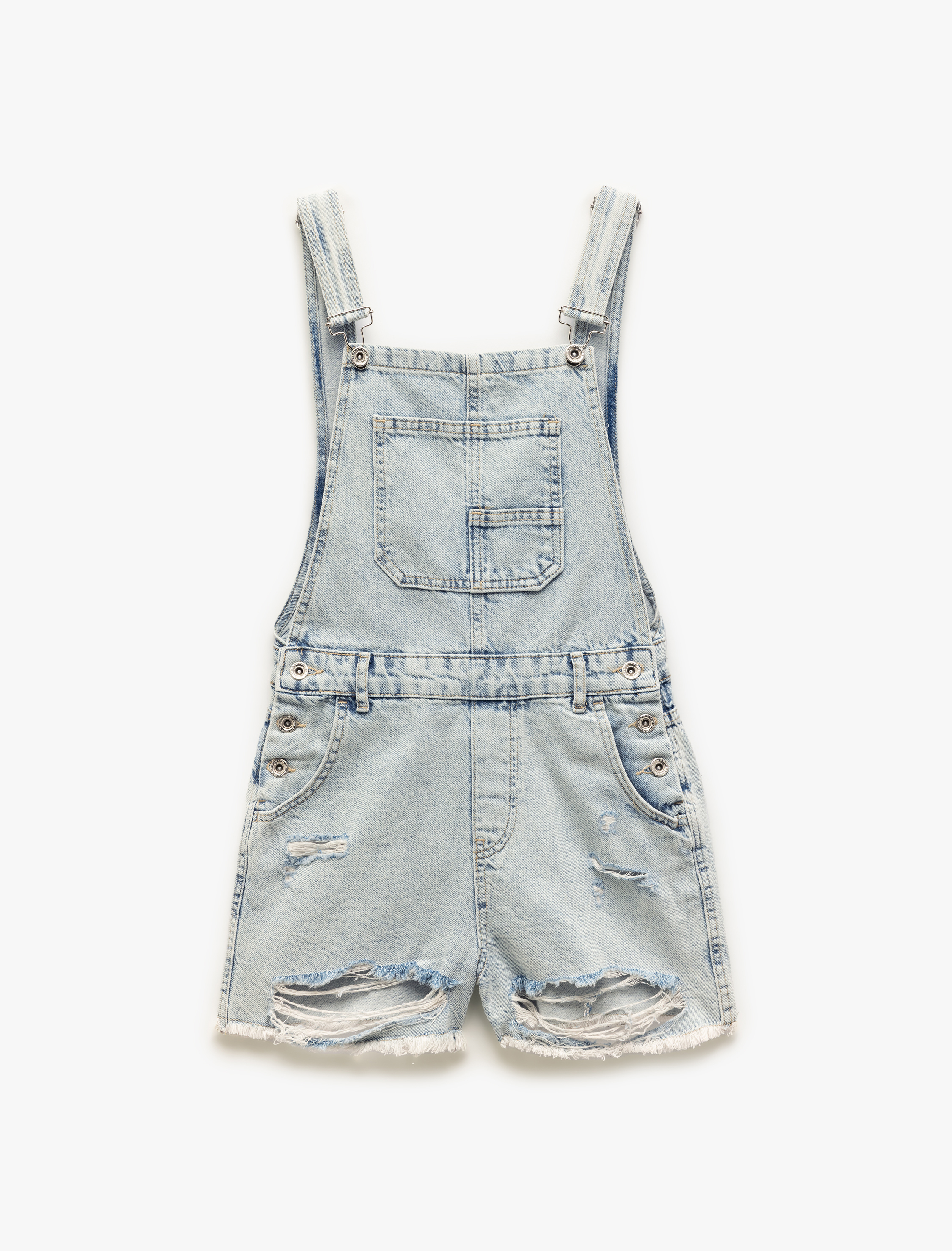   Yıpratma Detaylı Cepli Rahat Kesim Mini Askılı Denim Şort Salopet