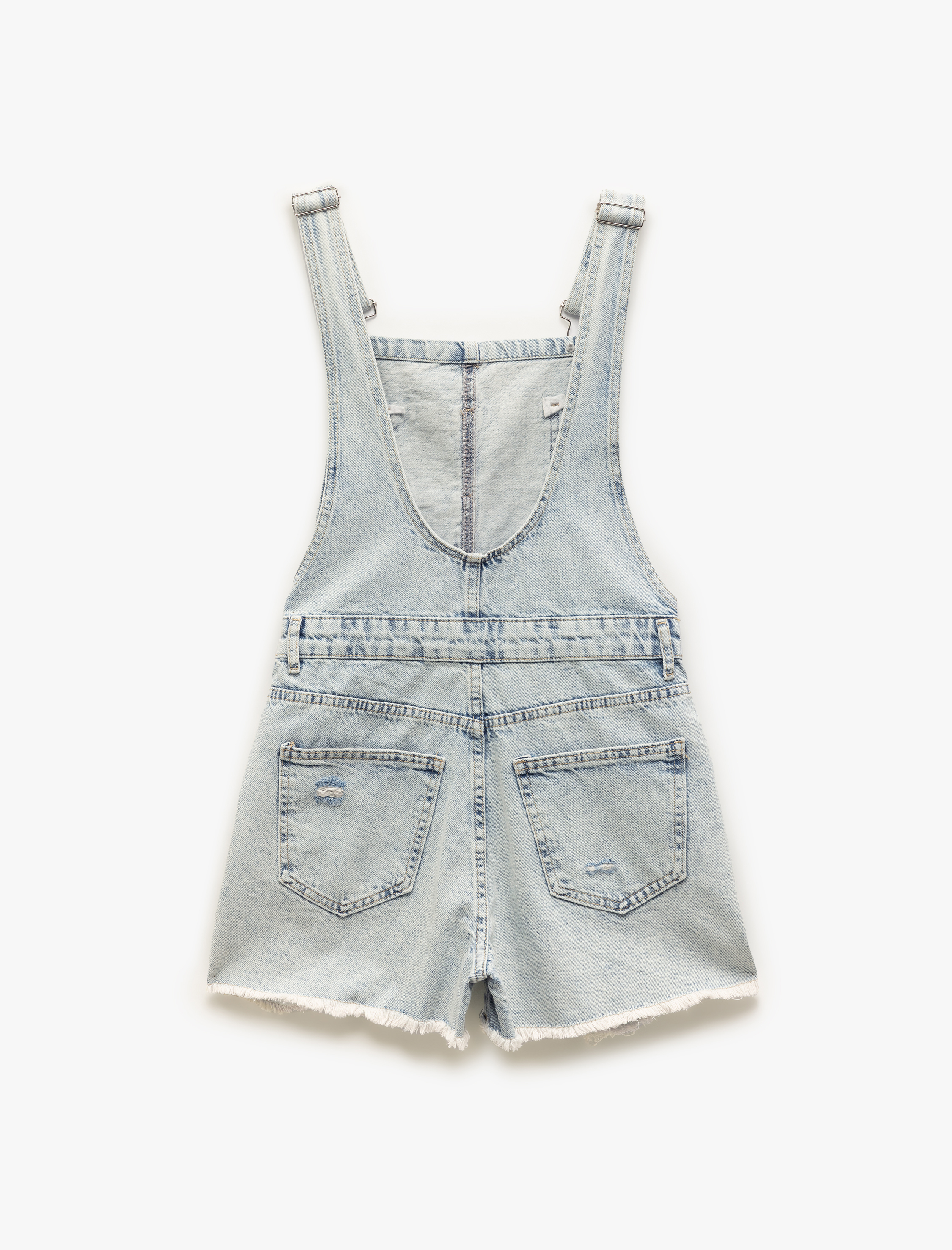   Yıpratma Detaylı Cepli Rahat Kesim Mini Askılı Denim Şort Salopet