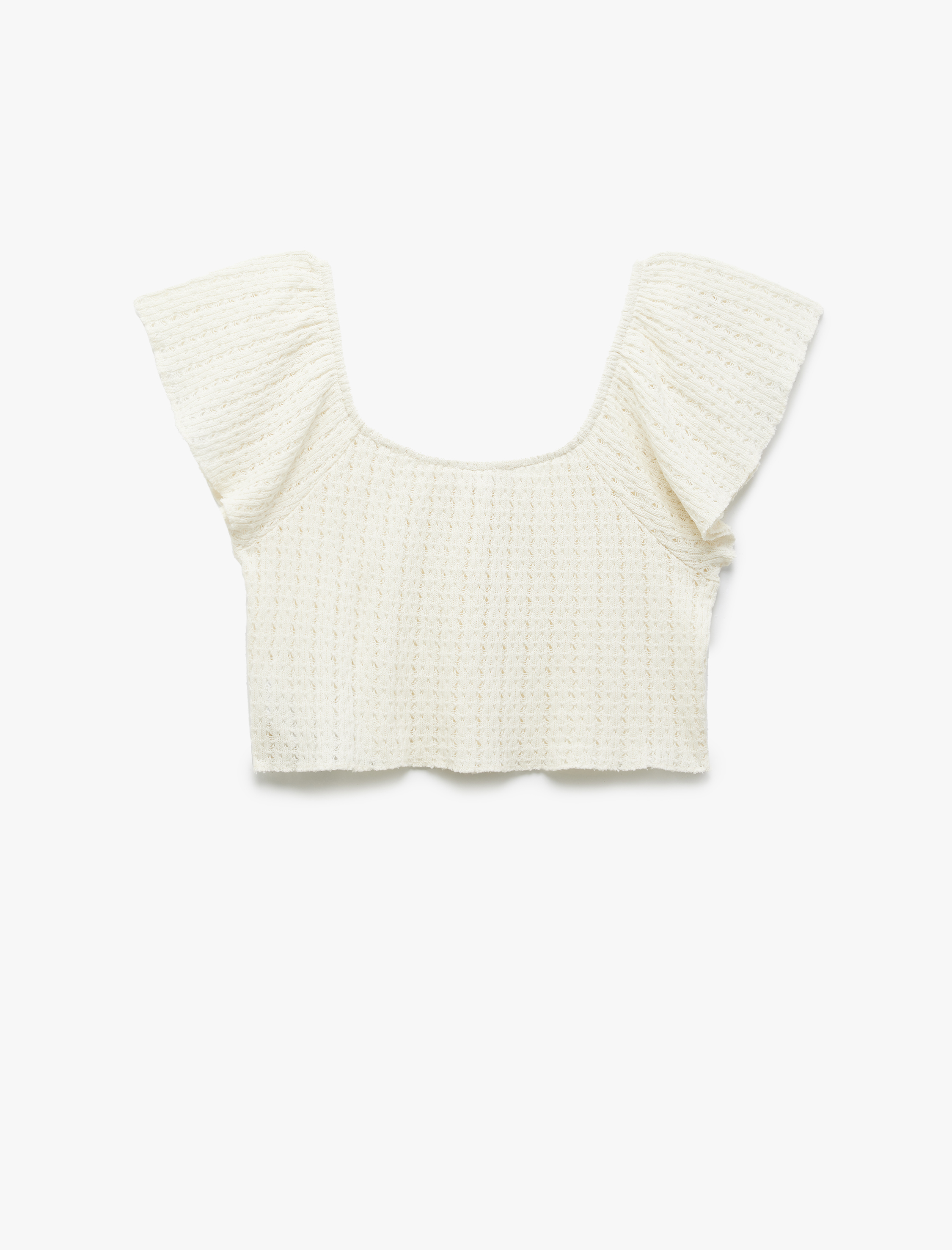 Düğmeli Omzu Açık Kısa Kollu Ajurlu Crop Bluz