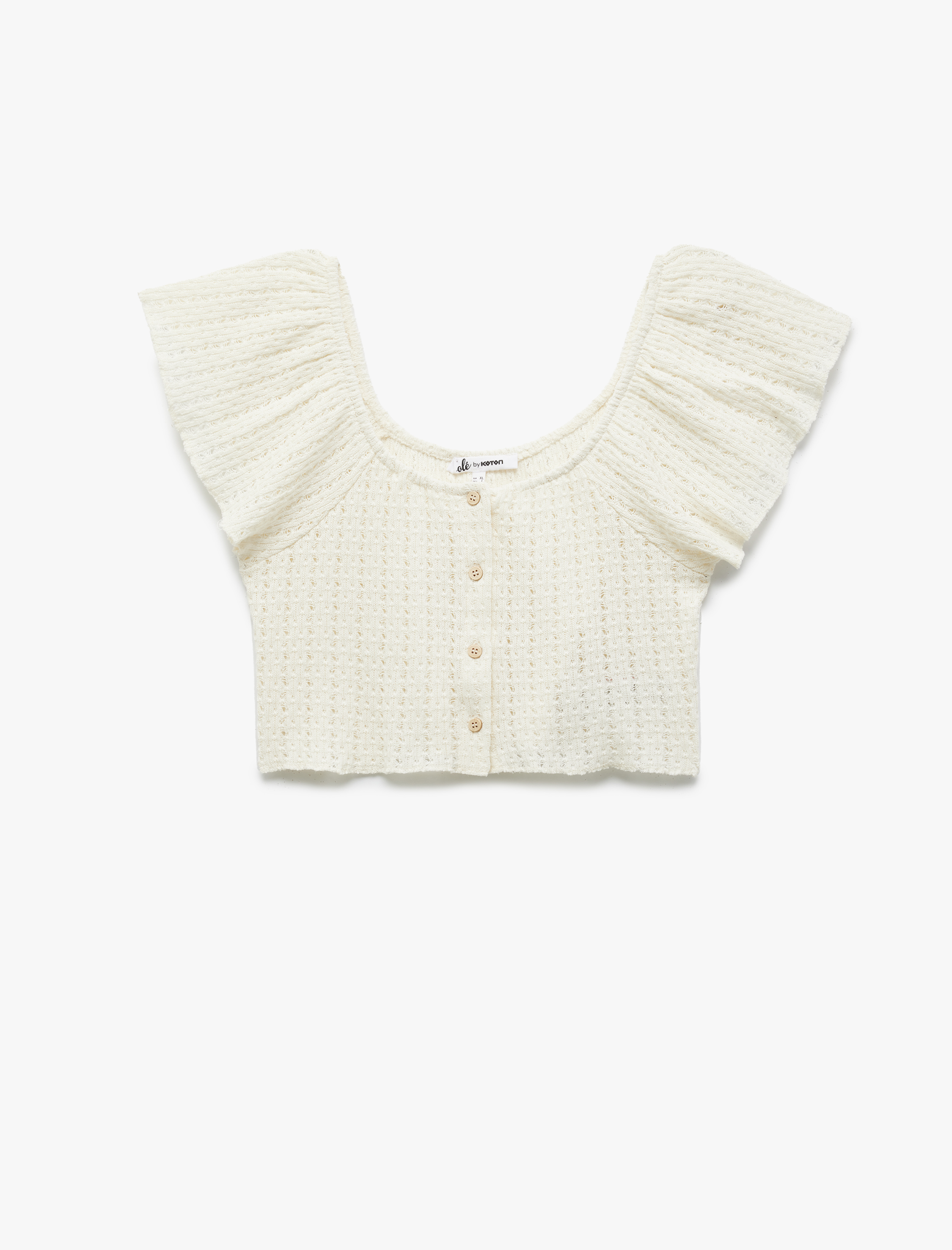 Düğmeli Omzu Açık Kısa Kollu Ajurlu Crop Bluz