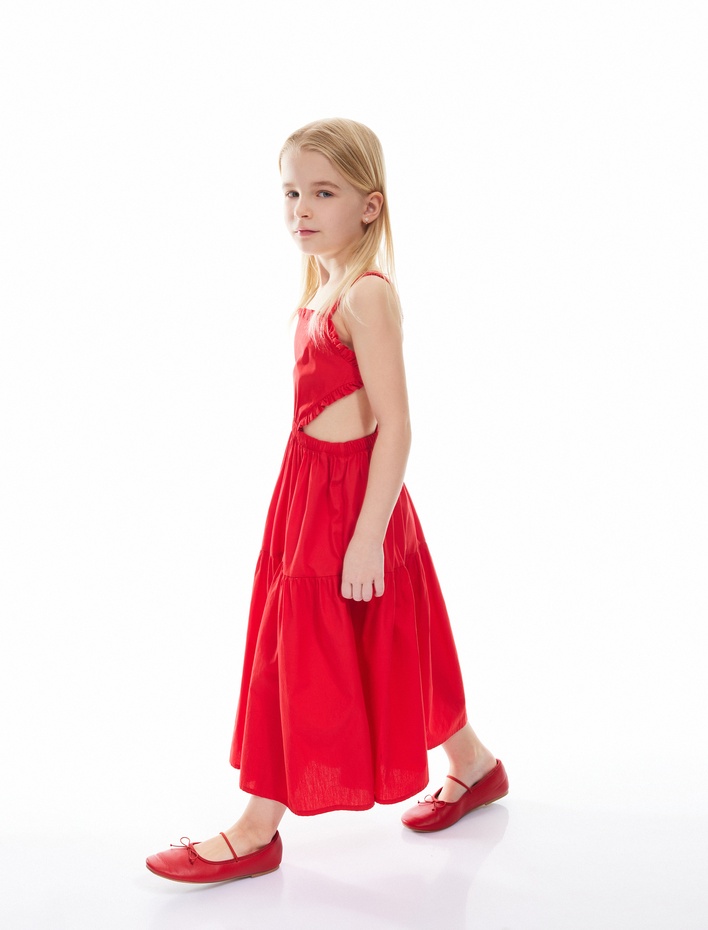 Kız Çocuk Pencere Detaylı Kare Yaka Askılı Elbise