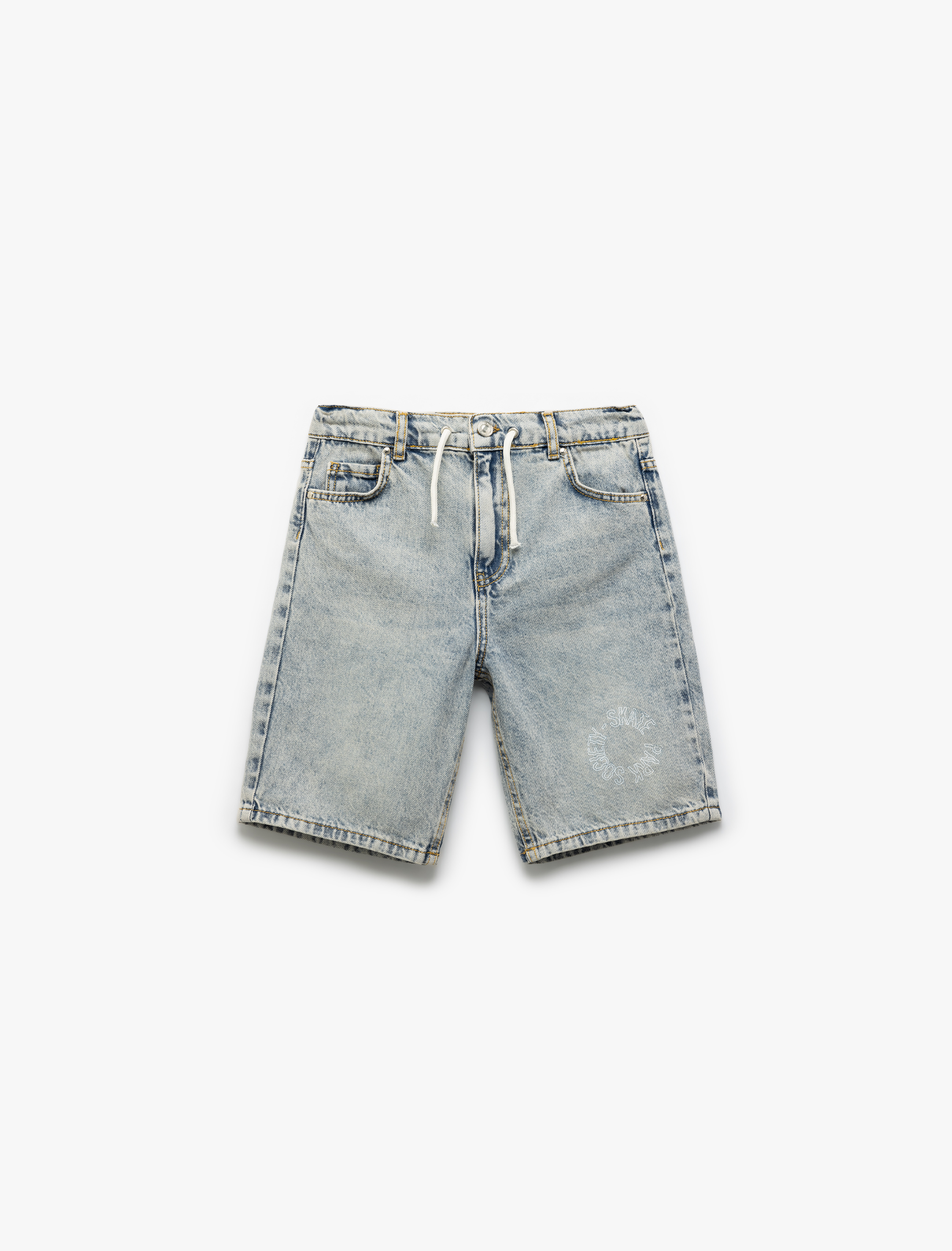 Koton Denim Şort Beli Bağlamalı Düğmeli Cepli Pamuklu -1
