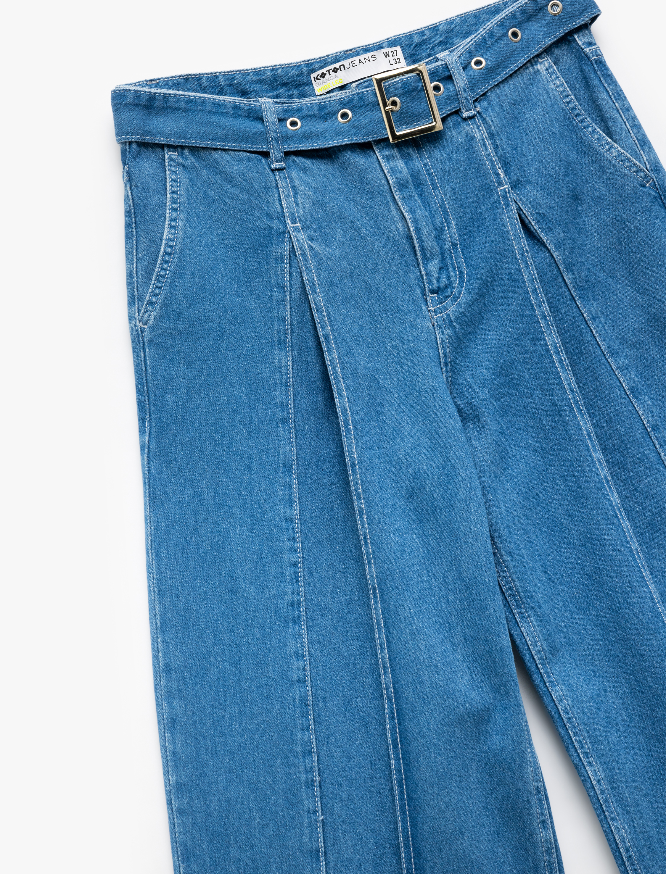   Geniş Paça Kemer Detaylı Pileli Pamuklu Jean Pantolon - Wide Leg Jeans
