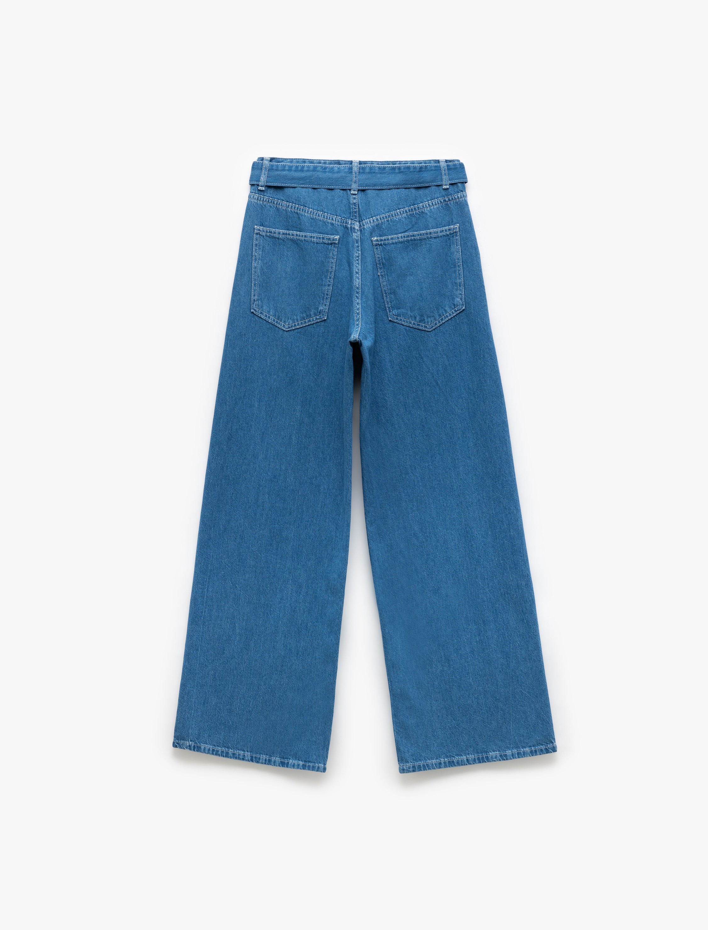   Geniş Paça Kemer Detaylı Pileli Pamuklu Jean Pantolon - Wide Leg Jeans