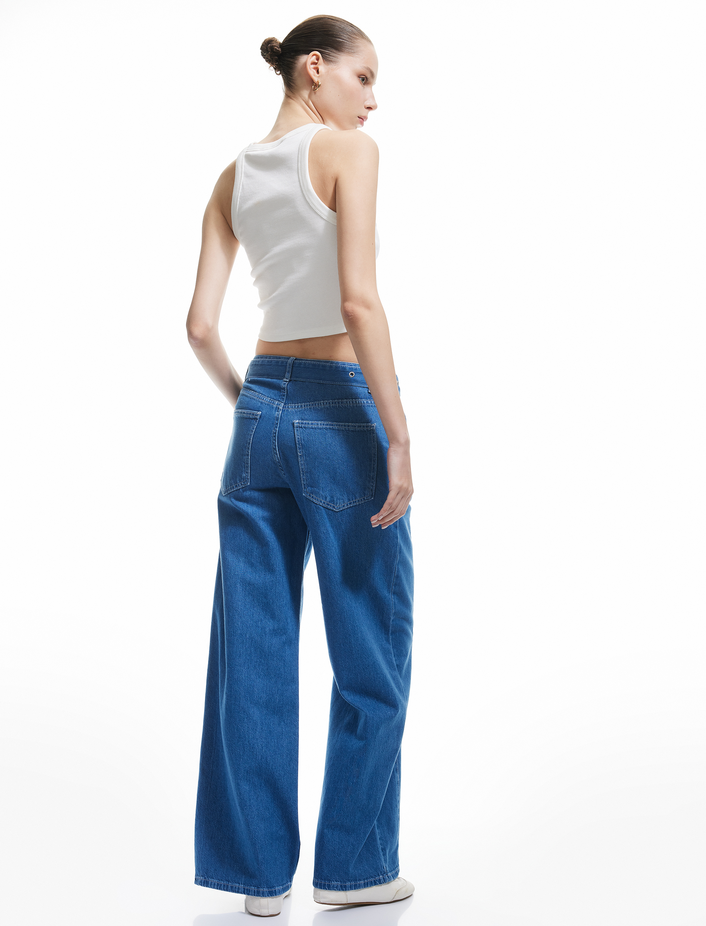   Geniş Paça Kemer Detaylı Pileli Pamuklu Jean Pantolon - Wide Leg Jeans