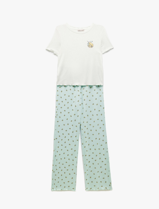Viskon Kumaş Bisiklet Yaka Kısa Kollu Limon Baskılı Pijama Takımı_2