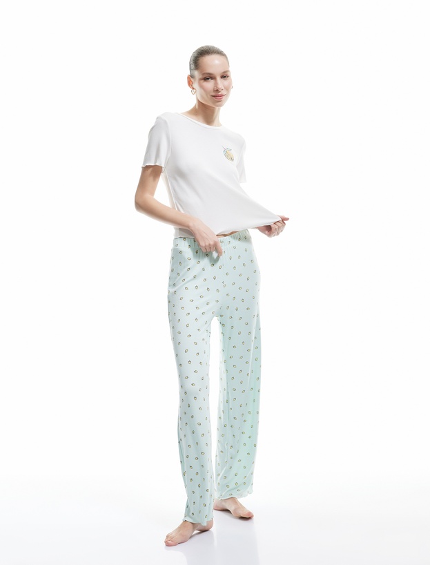 Viskon Kumaş Bisiklet Yaka Kısa Kollu Limon Baskılı Pijama Takımı_1