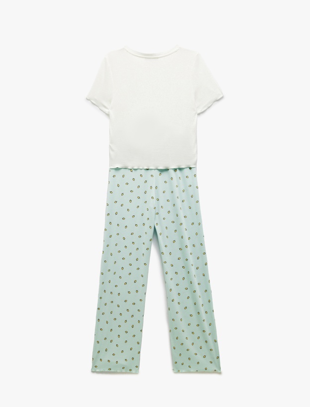 Viskon Kumaş Bisiklet Yaka Kısa Kollu Limon Baskılı Pijama Takımı_3