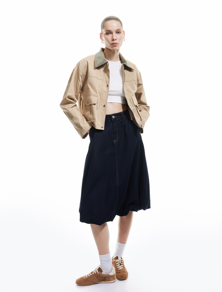  Düğmeli Cep Detaylı Denim Midi Balon Etek