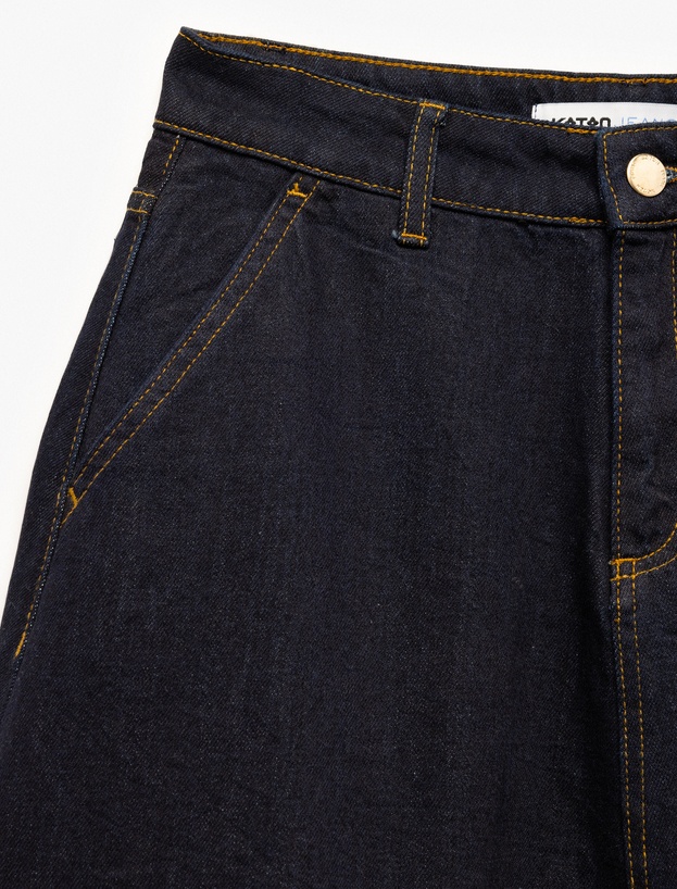 Düğmeli Cep Detaylı Denim Midi Balon Etek_5