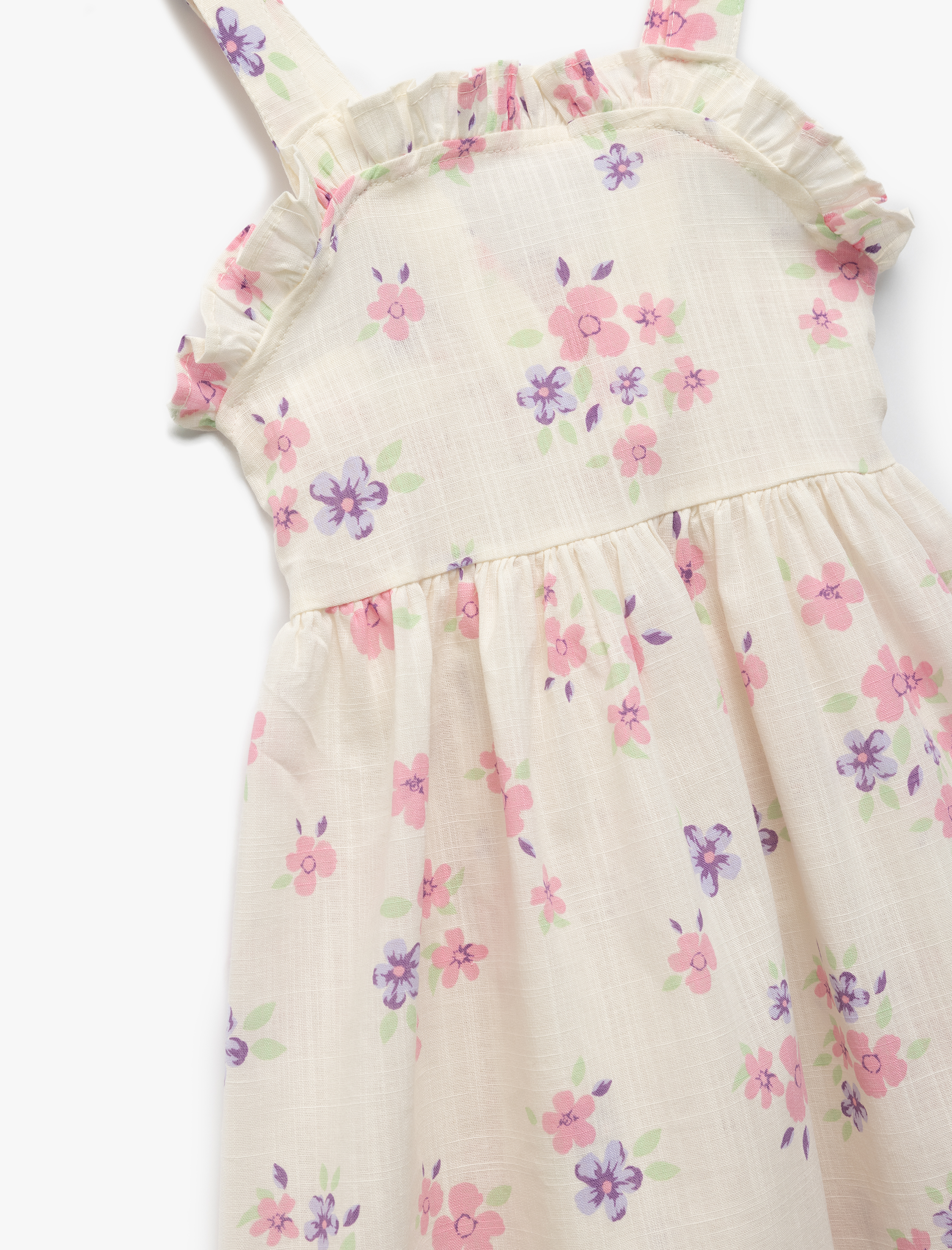  Kız Bebek Pamuklu Kare Yaka Fırfır Detaylı Gipeli Askılı Çiçekli Elbise