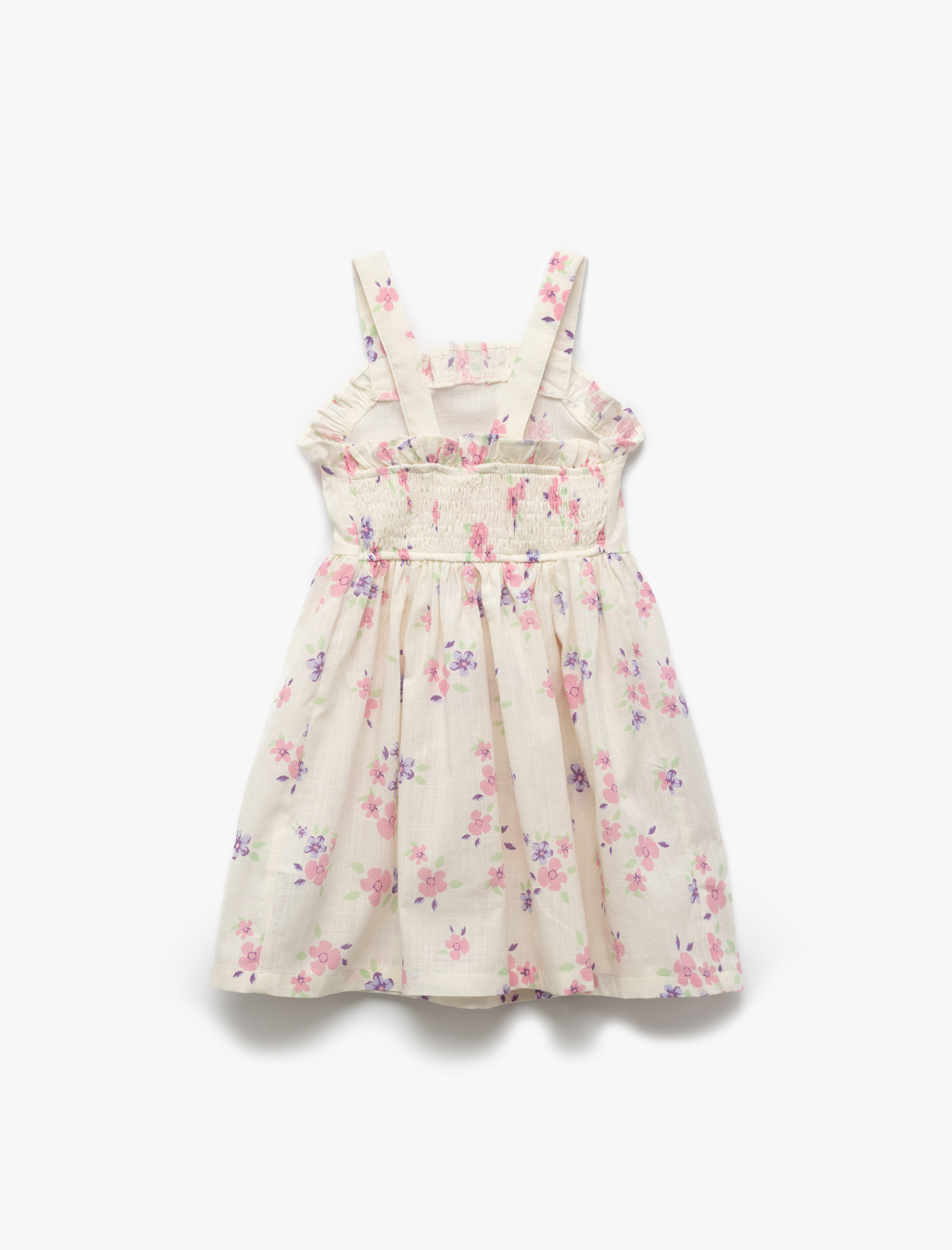  Kız Bebek Pamuklu Kare Yaka Fırfır Detaylı Gipeli Askılı Çiçekli Elbise