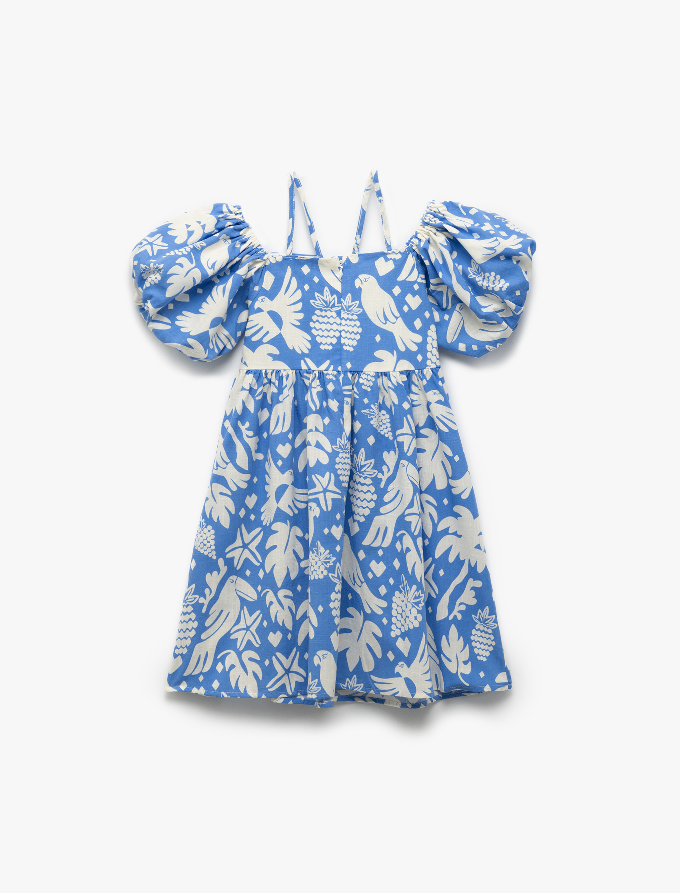  Kız Çocuk Pamuklu Balon Kollu İp Askılı Desenli A Kesim Elbise