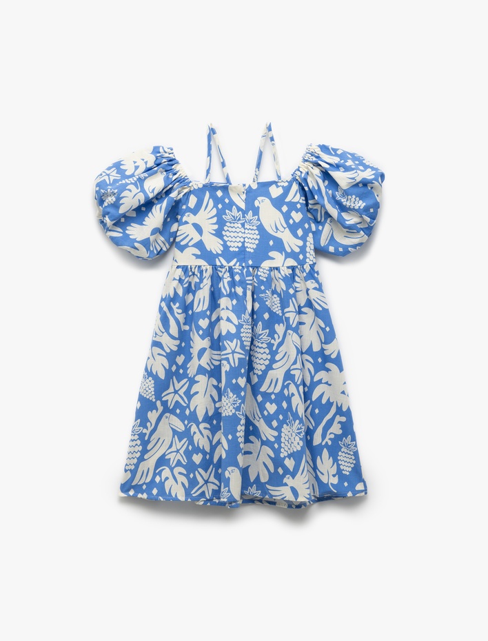 Kız Çocuk Pamuklu Balon Kollu İp Askılı Desenli A Kesim Elbise