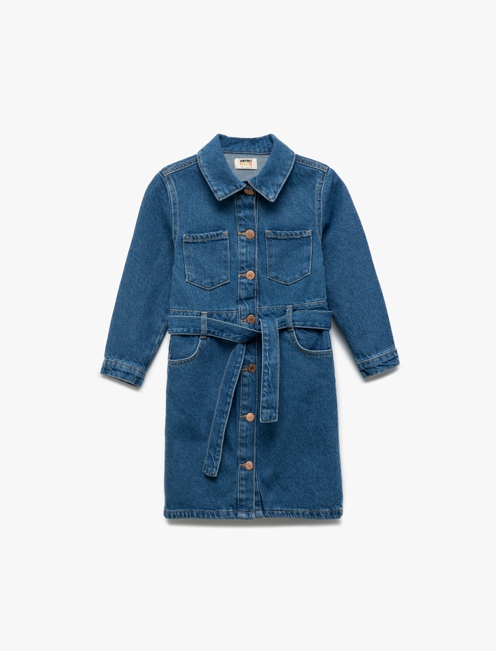 Kız Çocuk Uzun Kollu Pamuklu Kuşak Detaylı Cepli Düğmeli Gömlek Yaka Denim Elbise