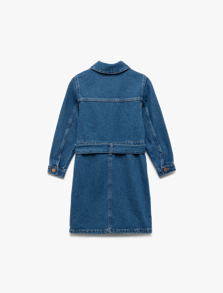  Kız Çocuk Uzun Kollu Pamuklu Kuşak Detaylı Cepli Düğmeli Gömlek Yaka Denim Elbise
