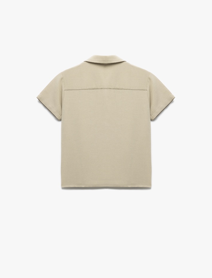 Erkek Çocuk Kısa Kollu Düğmeli Devrik Yaka İşlemeli Keten Karışımlı Gömlek