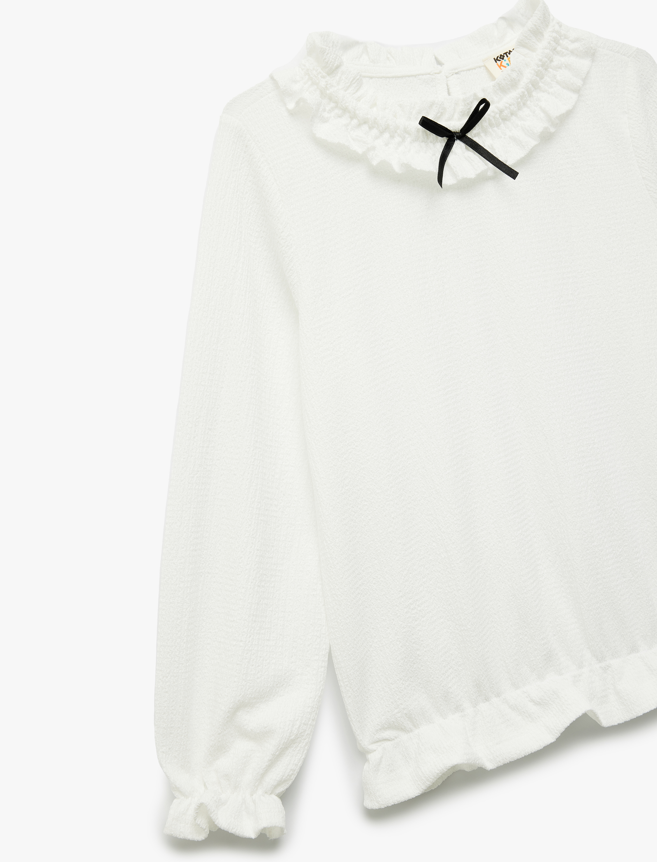  Kız Çocuk Fırfırlı Yaka Bürümcük Fiyonk Detaylı Uzun Kollu Bluz