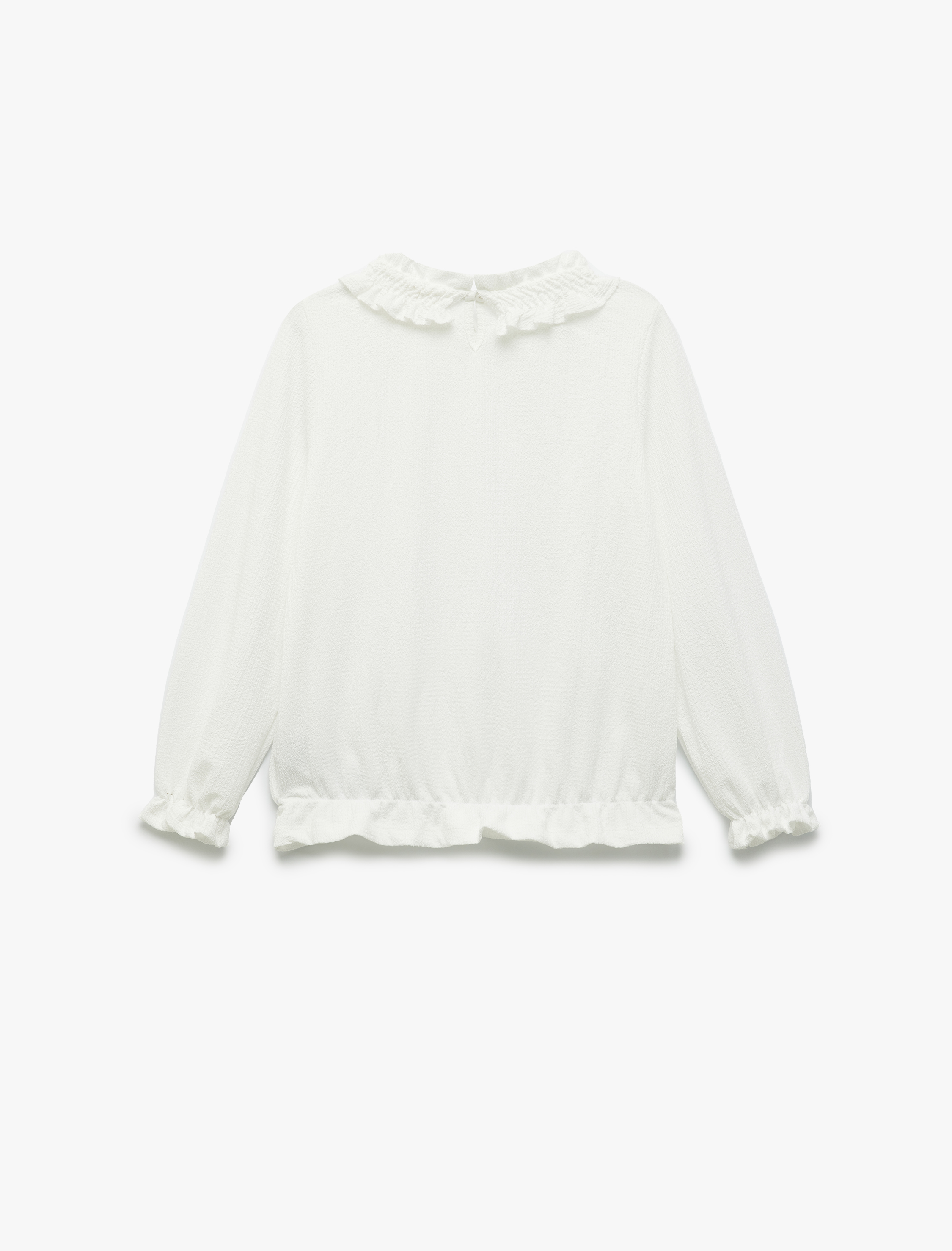 Kız Çocuk Fırfırlı Yaka Bürümcük Fiyonk Detaylı Uzun Kollu Bluz