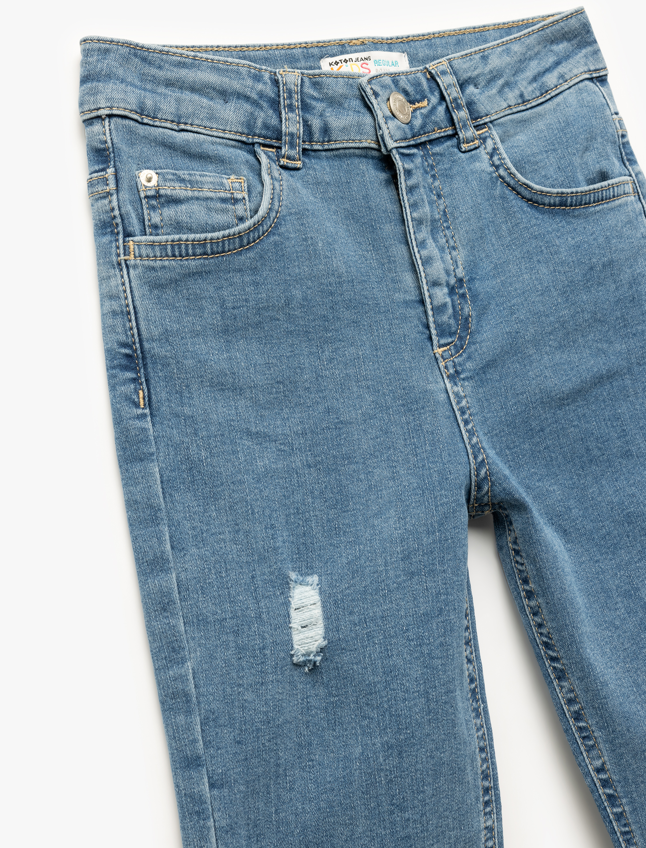  Erkek Çocuk Pamuklu Düğmeli Cepli Yıpratma Detaylı Düz Paça Jean Pantolon