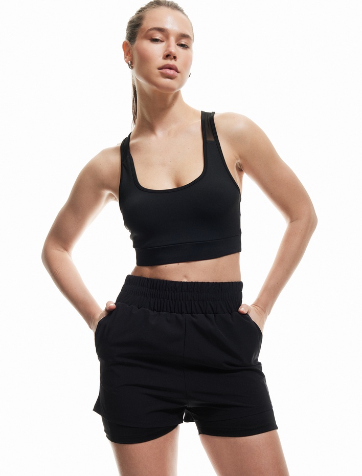  Yüksek Bel Lastikli Dar Kalıp Renk Bloklu Paraşüt Taytlı Spor Şort