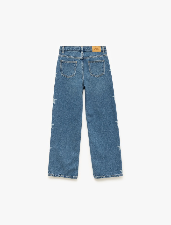 Kız Çocuk Pamuklu Yıldız Baskılı Geniş Paça Jean Pantolon