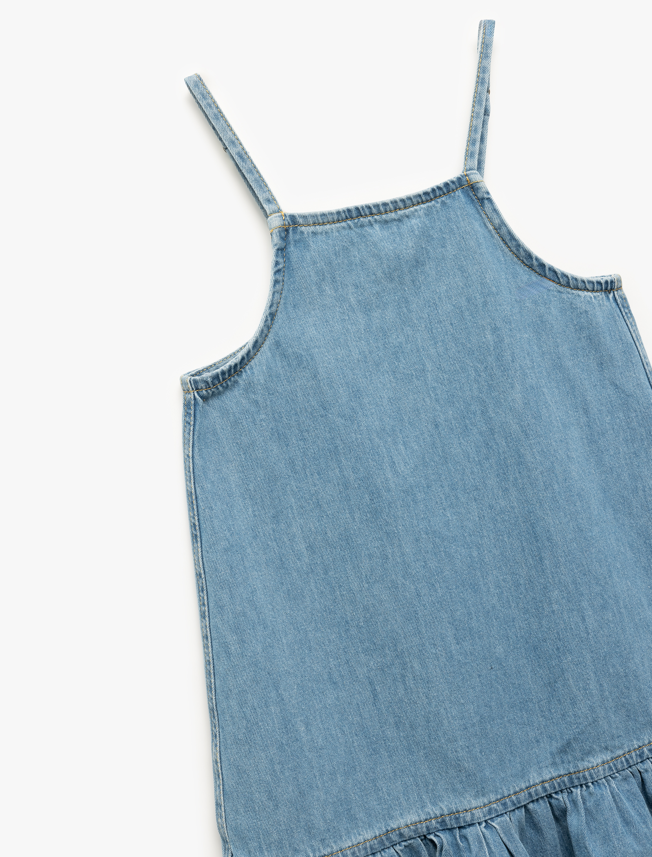  Kız Çocuk İp Askılı Oversize Pamuklu Pileli Denim Elbise