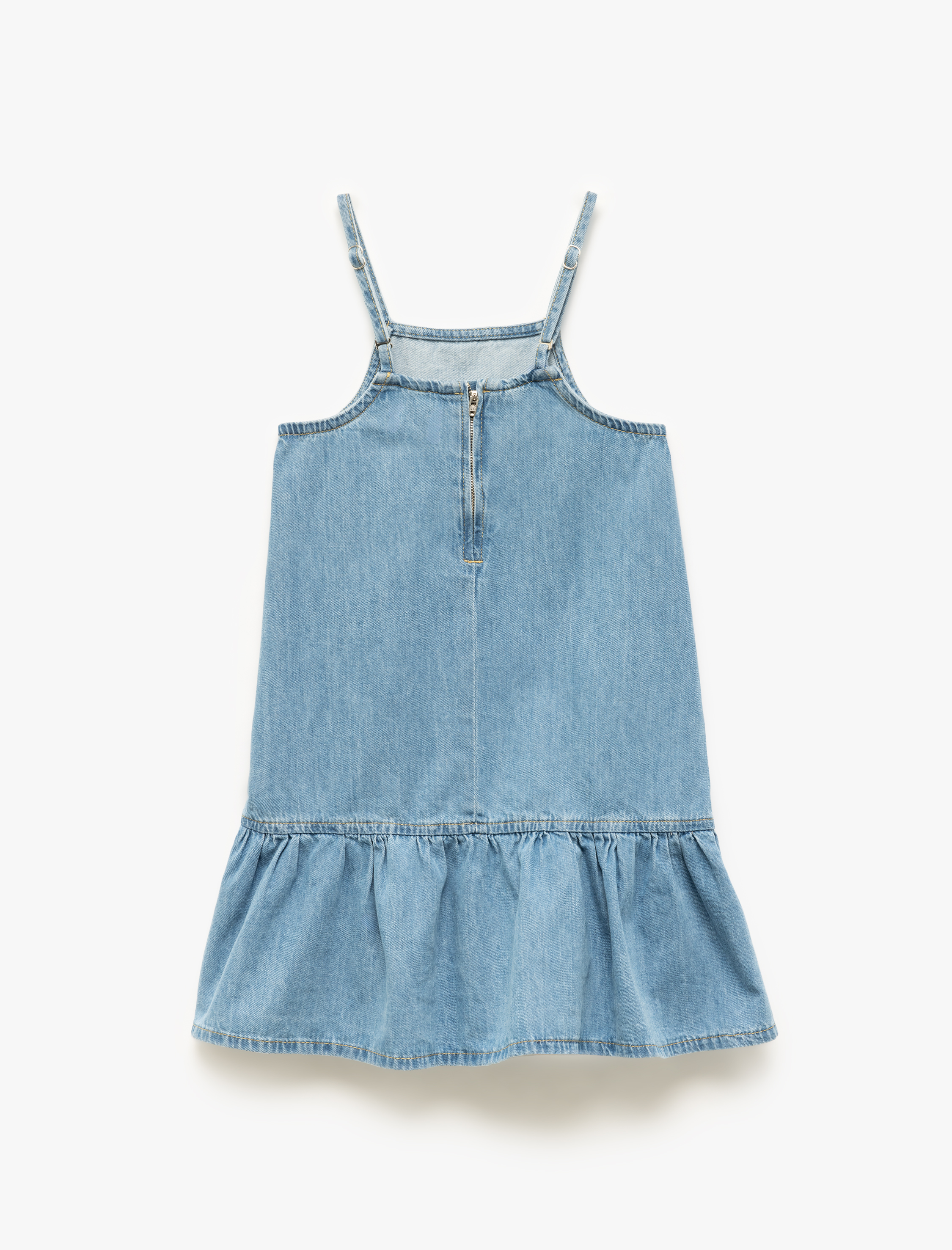  Kız Çocuk İp Askılı Oversize Pamuklu Pileli Denim Elbise