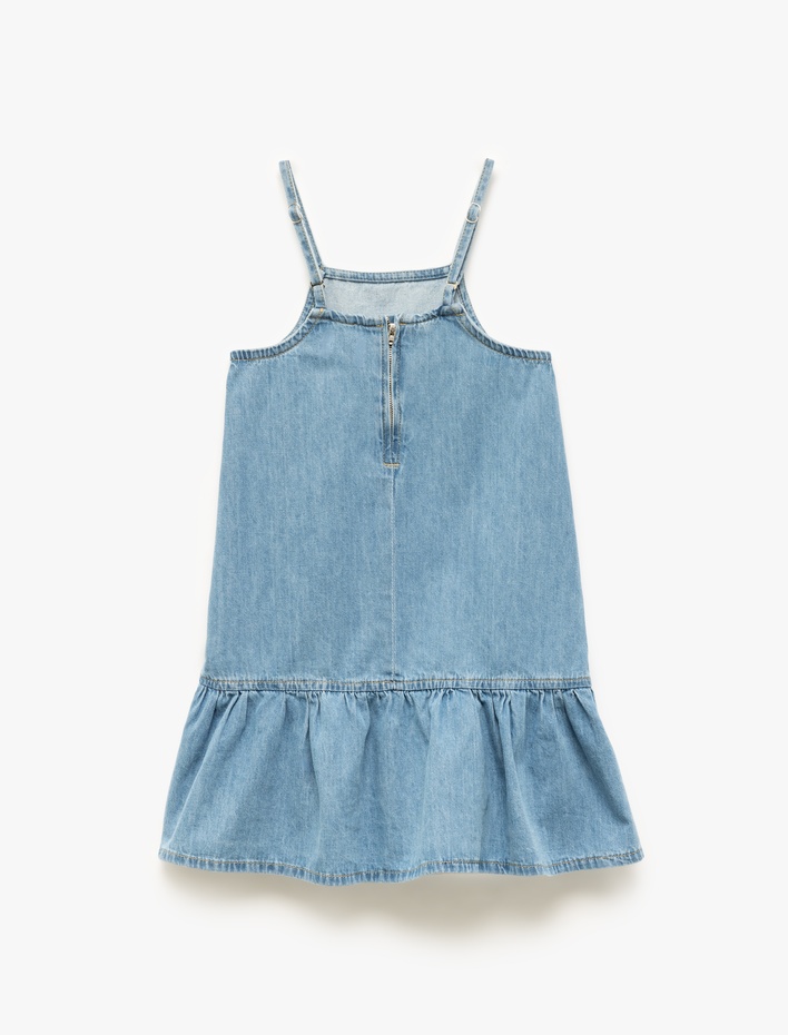 Kız Çocuk İp Askılı Oversize Pamuklu Pileli Denim Elbise