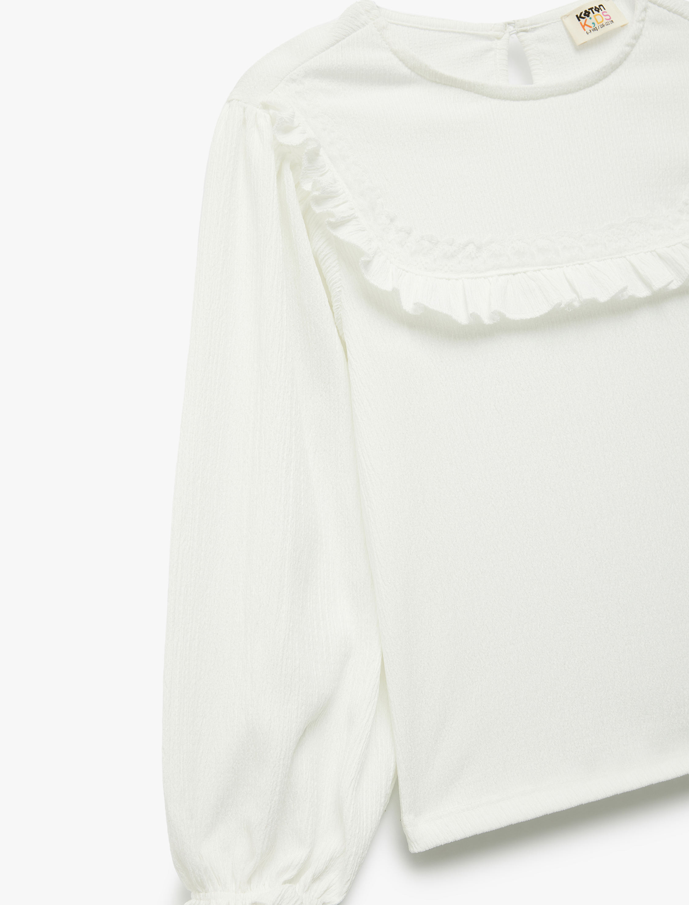  Kız Çocuk Fırfır Detaylı Uzun Kollu Bürümcük Bisiklet Yaka Bluz