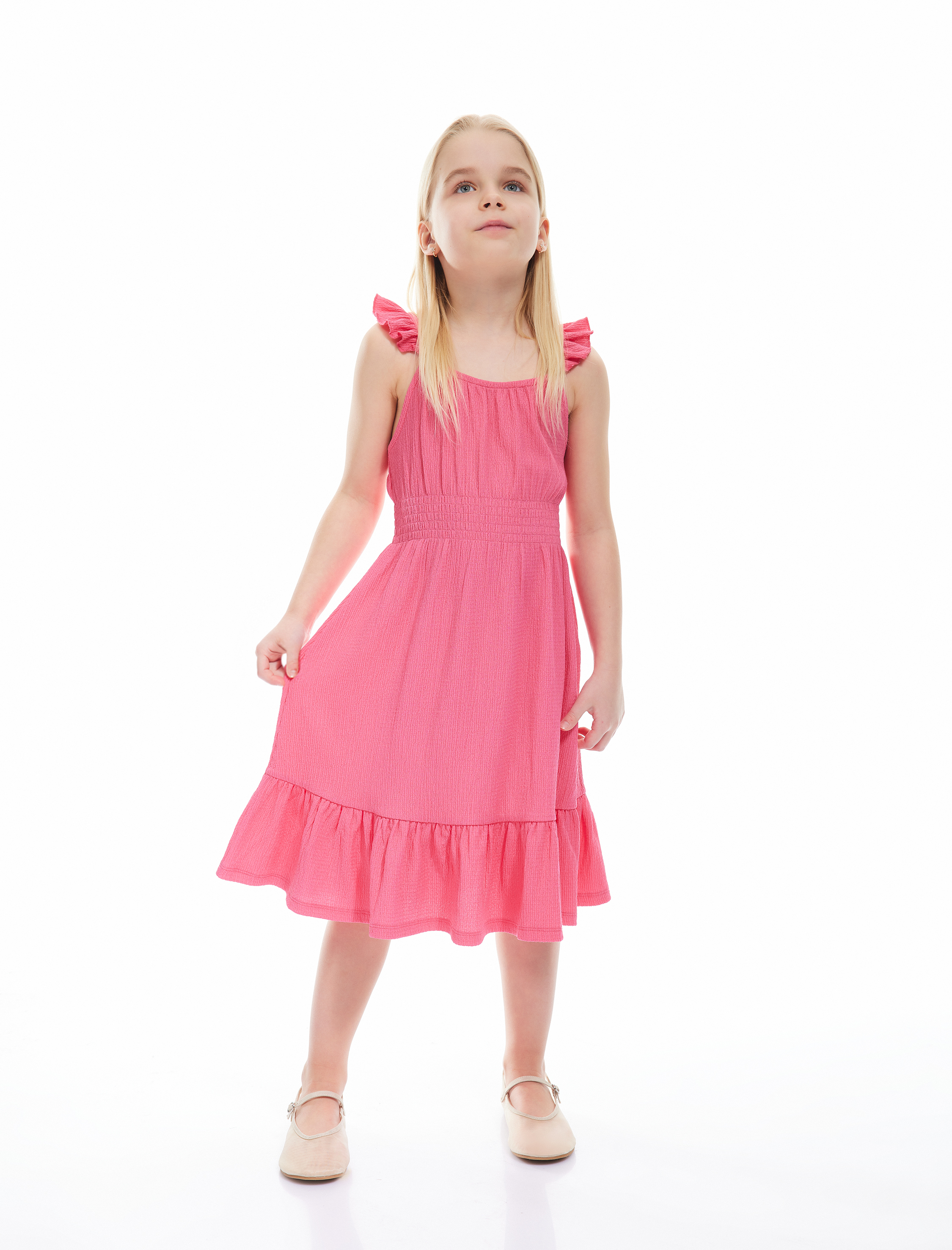  Kız Çocuk Fırfırlı Gipe Detaylı Askılı Midi Elbise