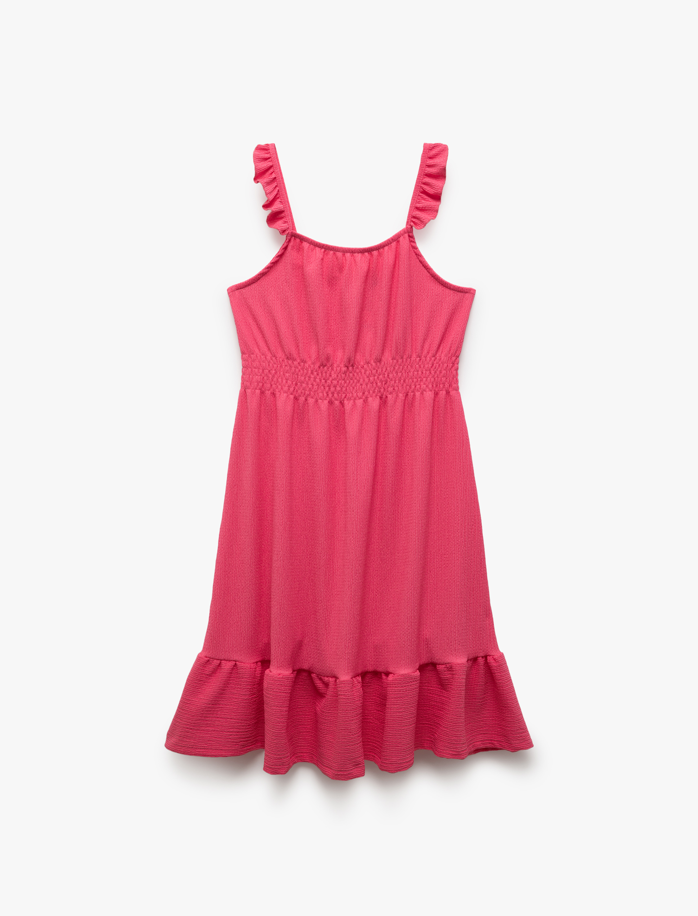  Kız Çocuk Fırfırlı Gipe Detaylı Askılı Midi Elbise