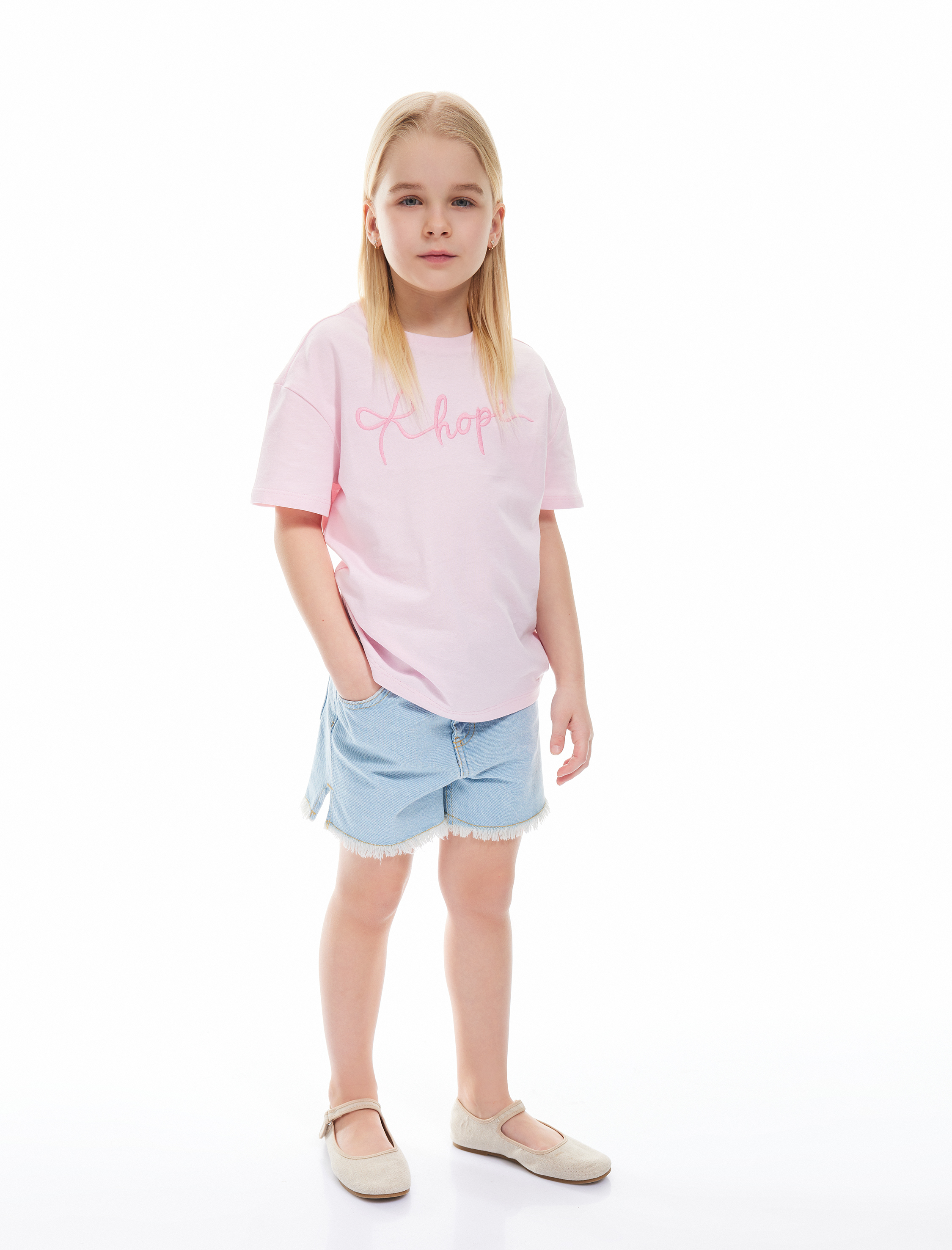  Kız Çocuk Pamuklu Bisiklet Yaka Nakışlı Kısa Kollu Crop Tişört