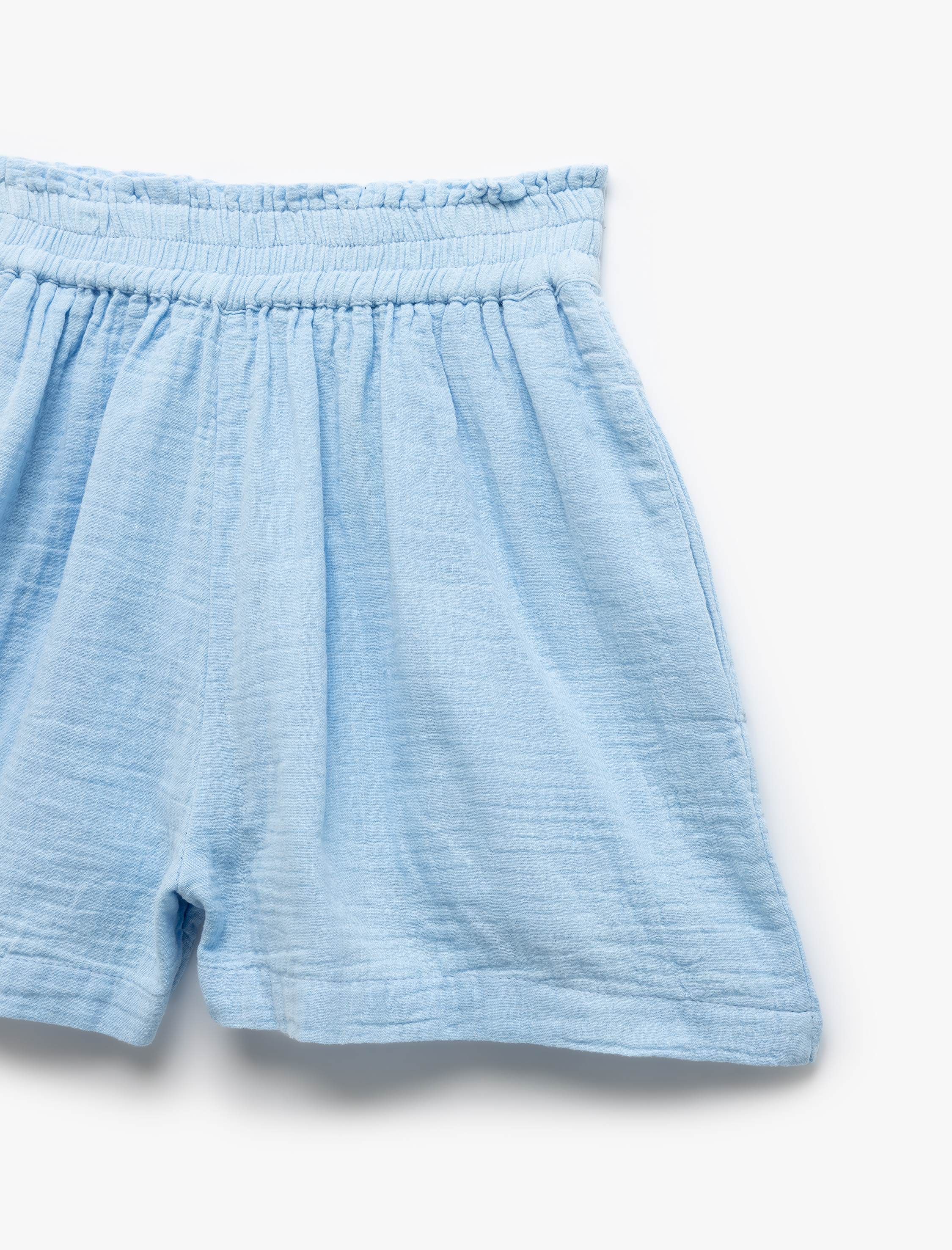   Lastikli Yüksek Bel Cepli Pamuklu Mini Müslin Şort