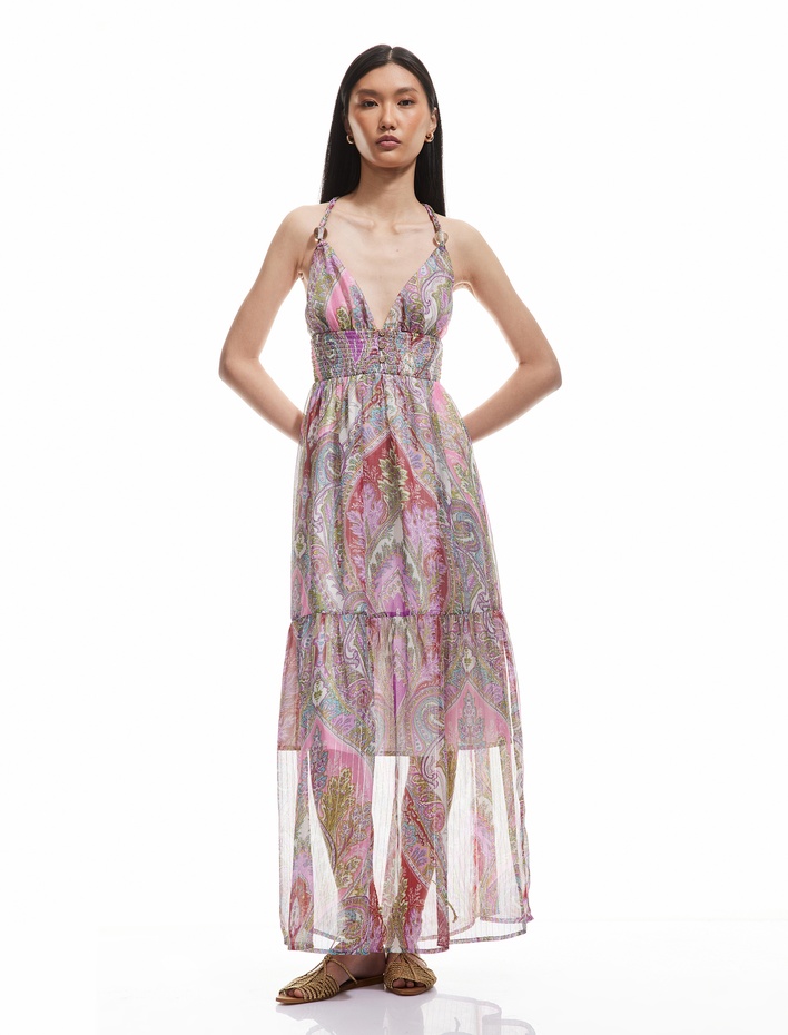  Astarlı Etnik Desenli Kat Kat Halter Yaka Askılı Uzun Şifon Elbise