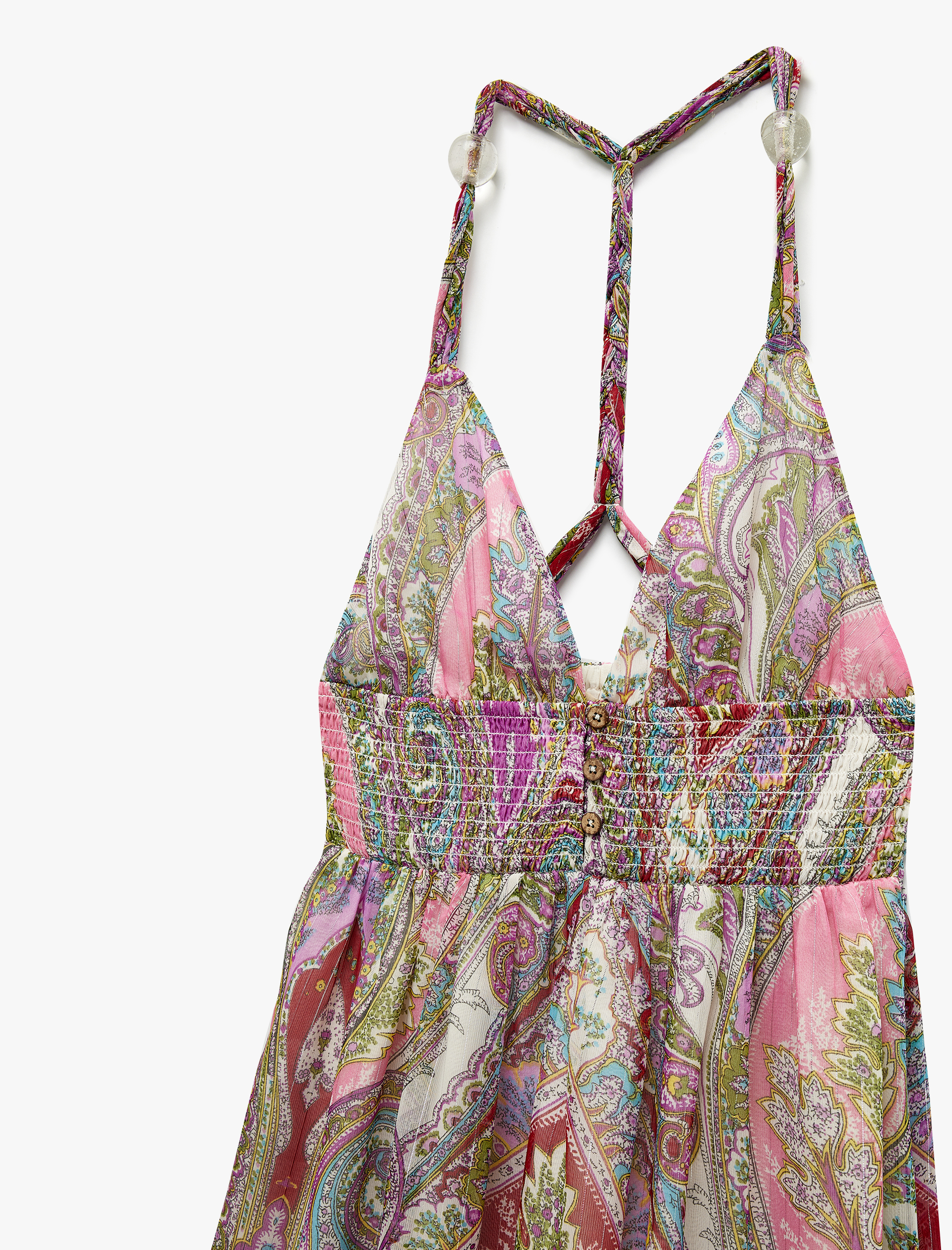   Astarlı Etnik Desenli Kat Kat Halter Yaka Askılı Uzun Şifon Elbise