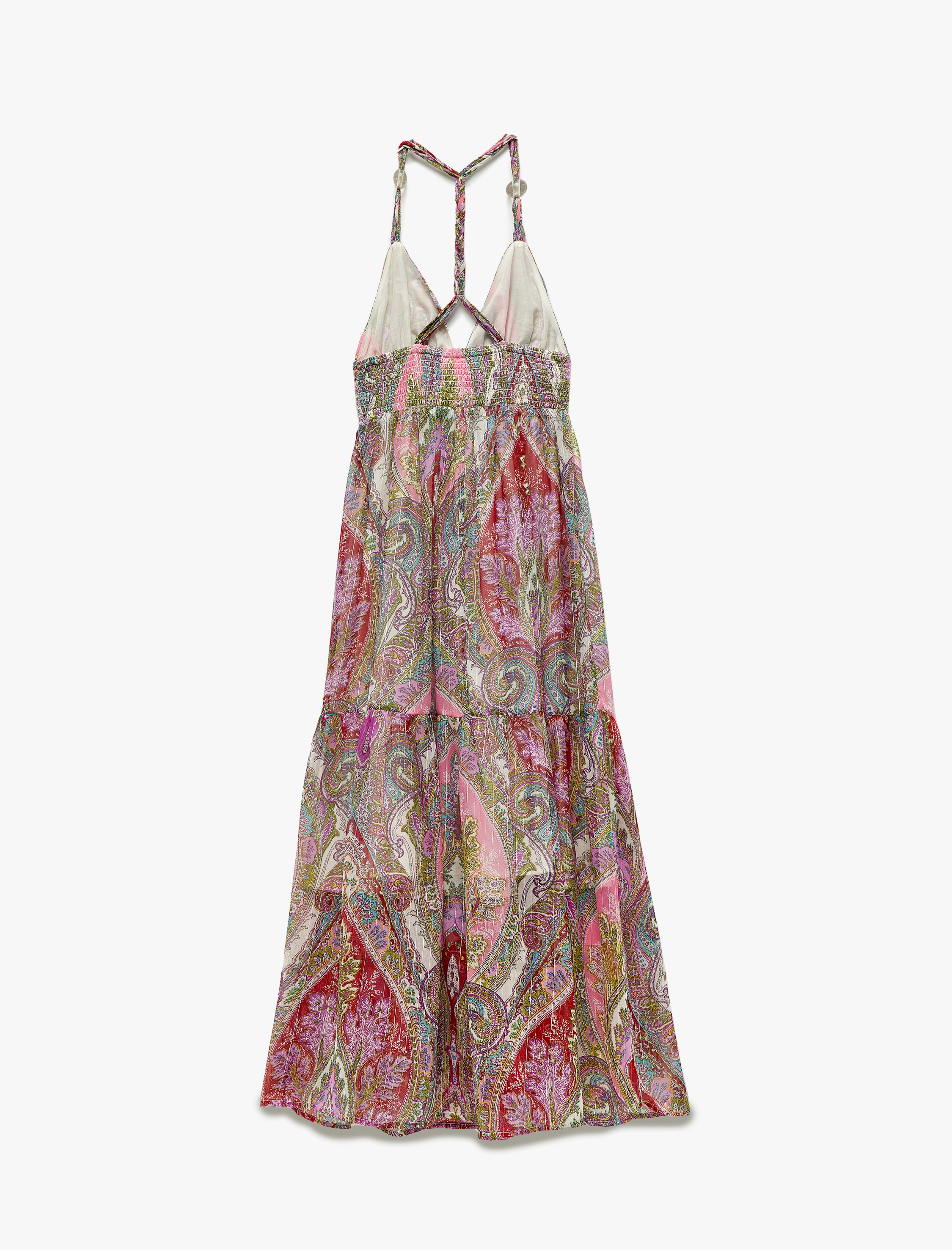   Astarlı Etnik Desenli Kat Kat Halter Yaka Askılı Uzun Şifon Elbise